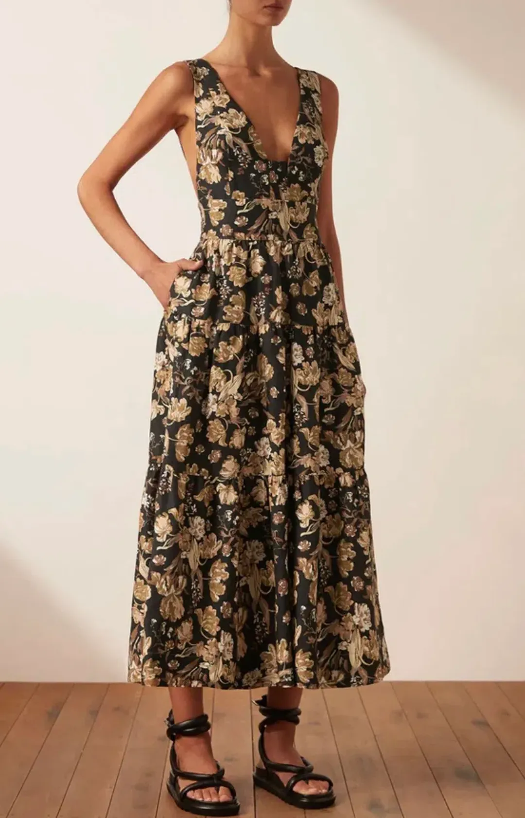 Shona Joy Palermo Linen Plunge Back Midi Dress Palermo Size 14 for rent on The Volte - main image