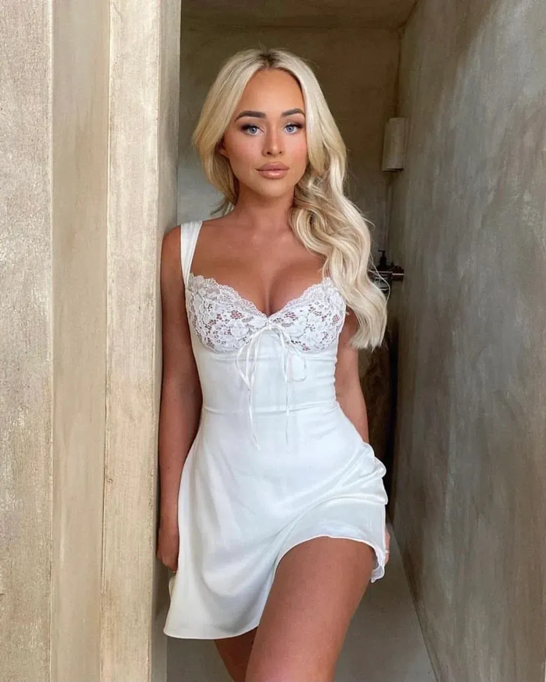 House of CB Adriana Satin and Lace Mini Dress White Size 10 for rent on The Volte - main image