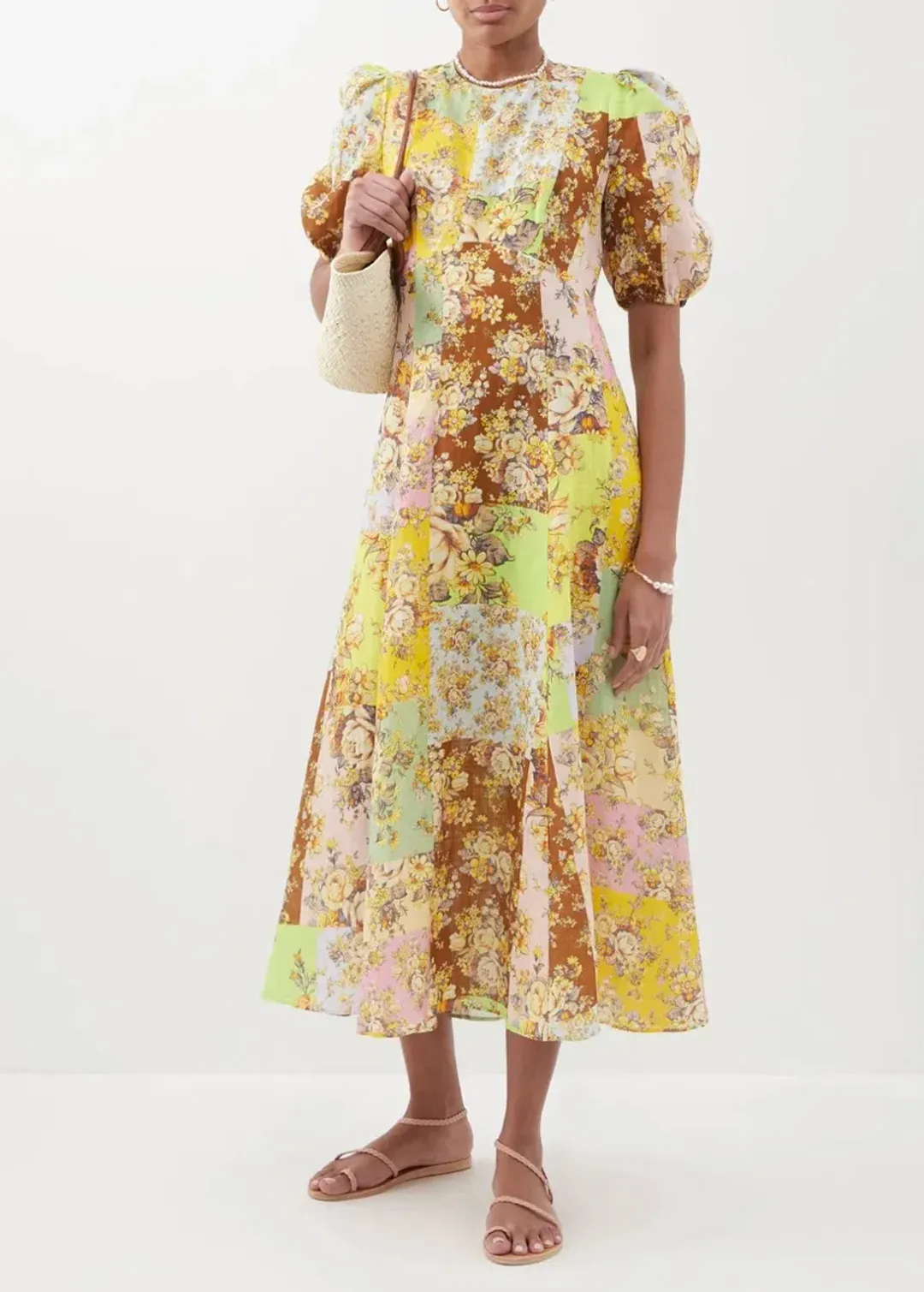 Alemais Matilde Patchwork Linen Midi Dress Floral Print Size 8 for rent on The Volte - main image