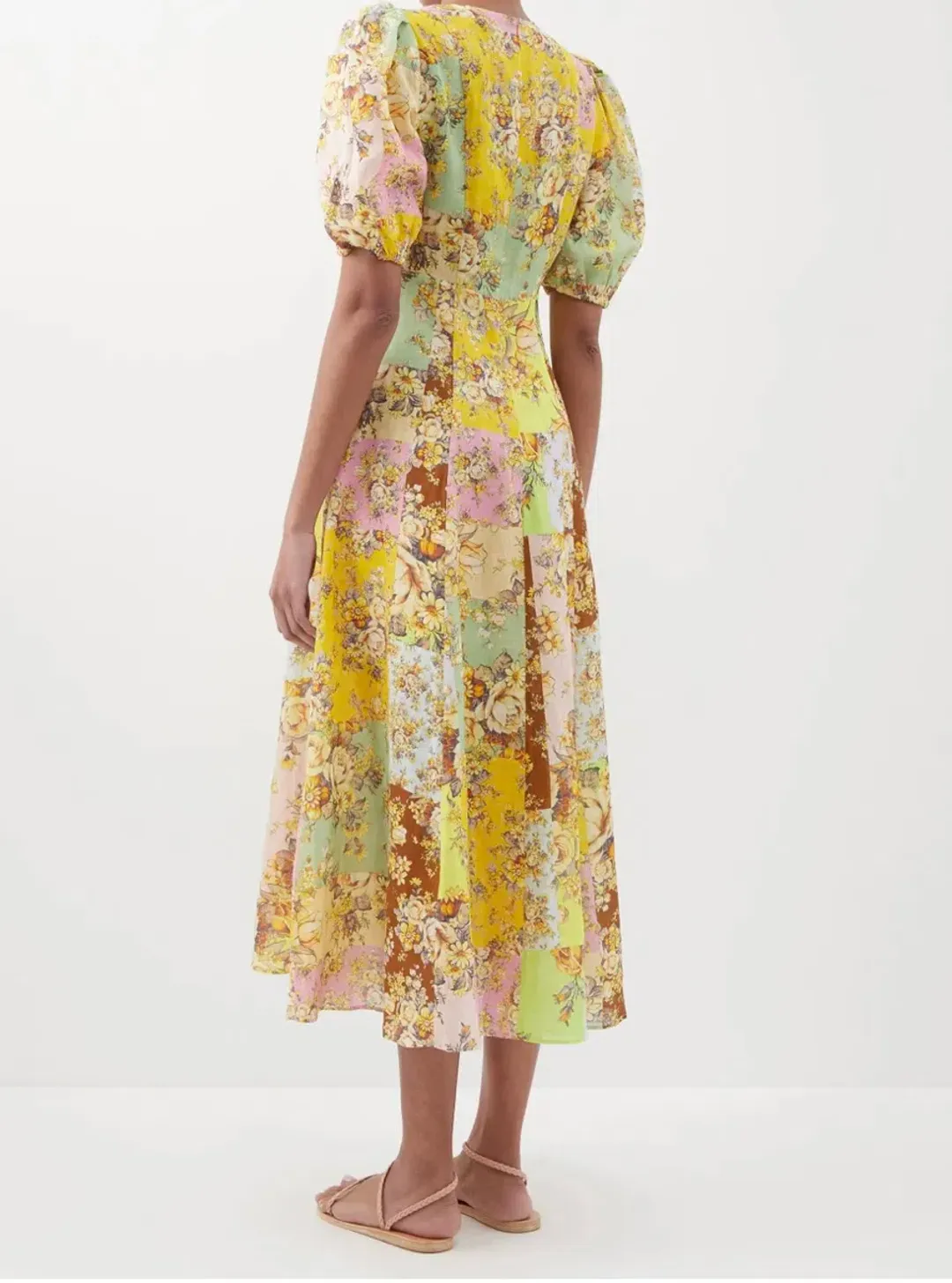 Alemais Matilde Patchwork Linen Midi Dress Floral Print Size 8 for rent on The Volte - main image