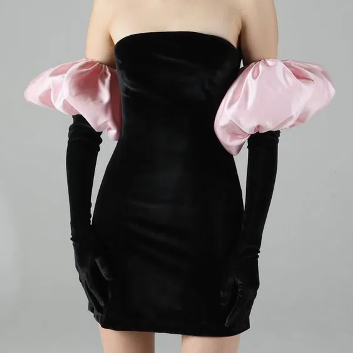 Miscreants Cupid Dress & Gloves Black Velvet with Duchess Satin Baby Pink Puffs Size 8 - Image 2