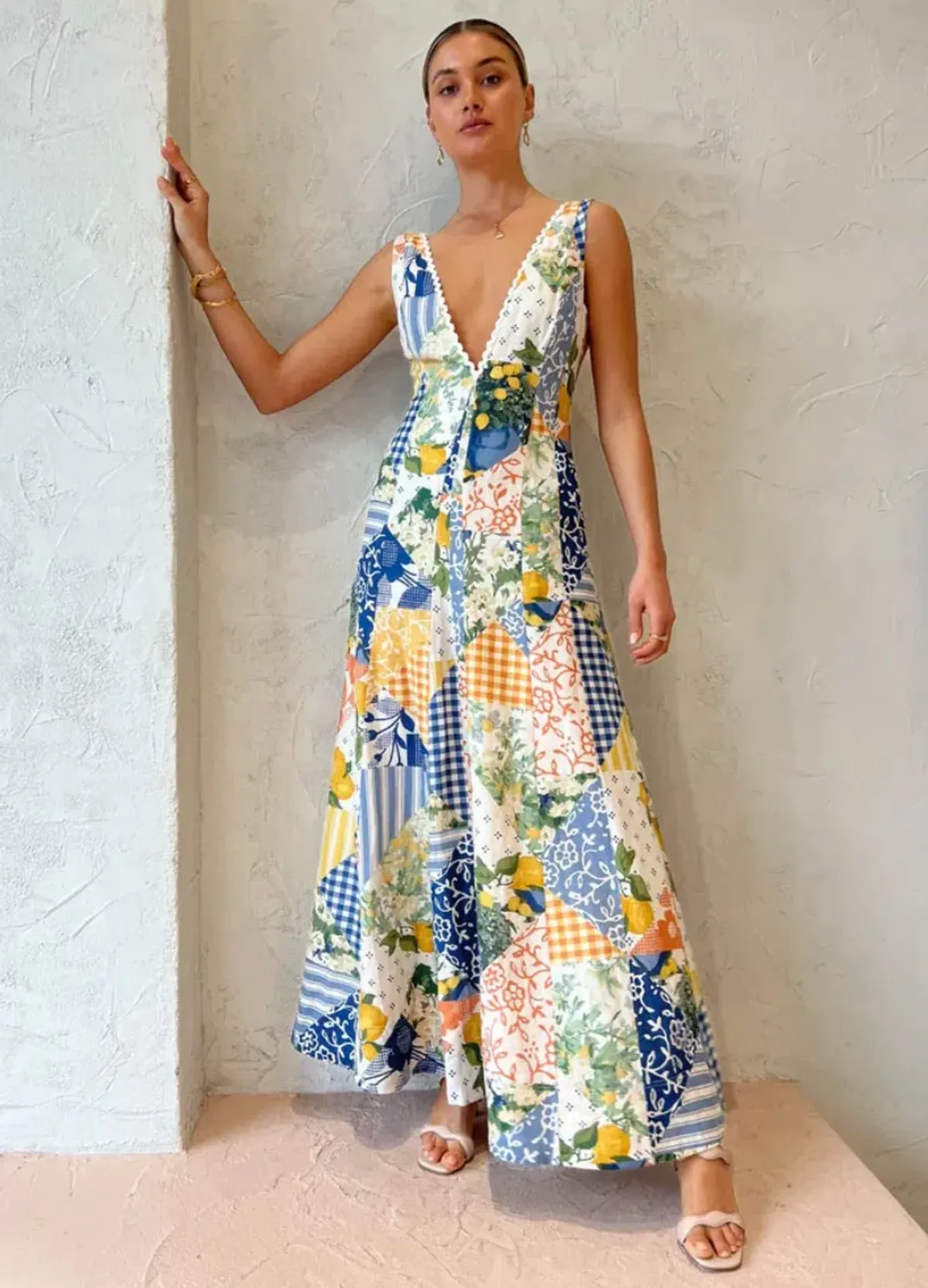 By Nicola - Wavy Maxi Dress In Lemon Patchwork - Size 10 - Image 1