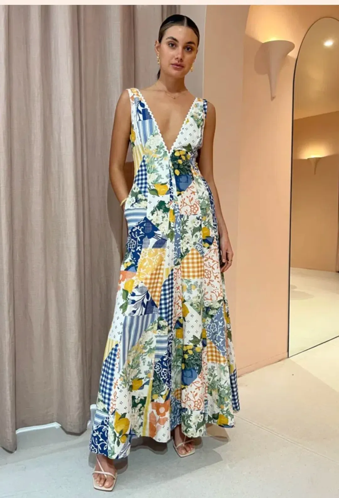 By Nicola - Wavy Maxi Dress In Lemon Patchwork - Size 10 for rent on The Volte - main image
