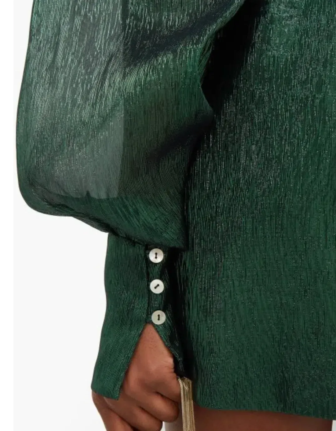 The Vampire's Wife The Pussybow Plissé Silk-Blend Lamé Mini Dress Dark Green Lame Size 10  for rent on The Volte - main image