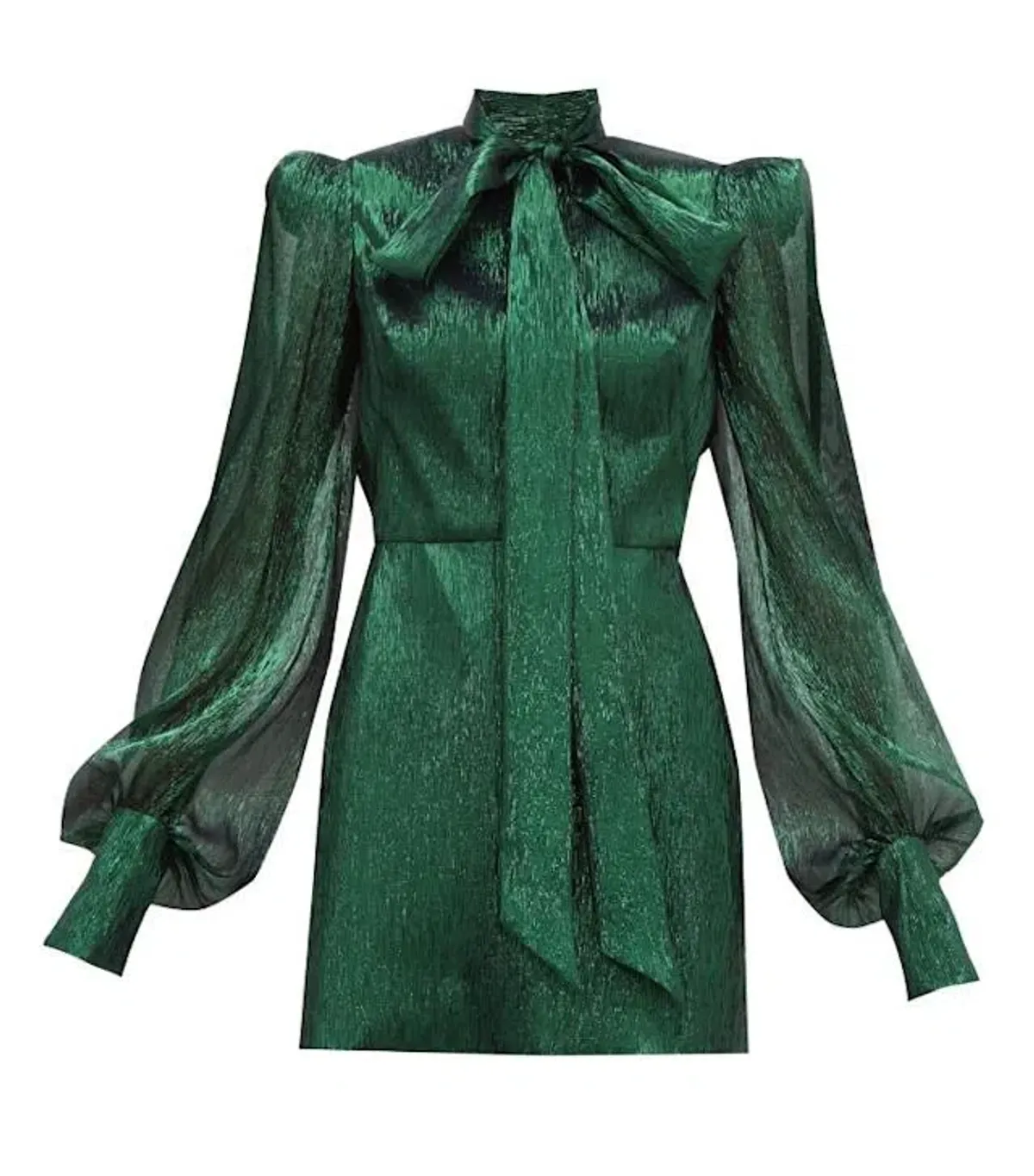 The Vampire's Wife The Pussybow Plissé Silk-Blend Lamé Mini Dress Dark Green Lame Size 10  - Image 5