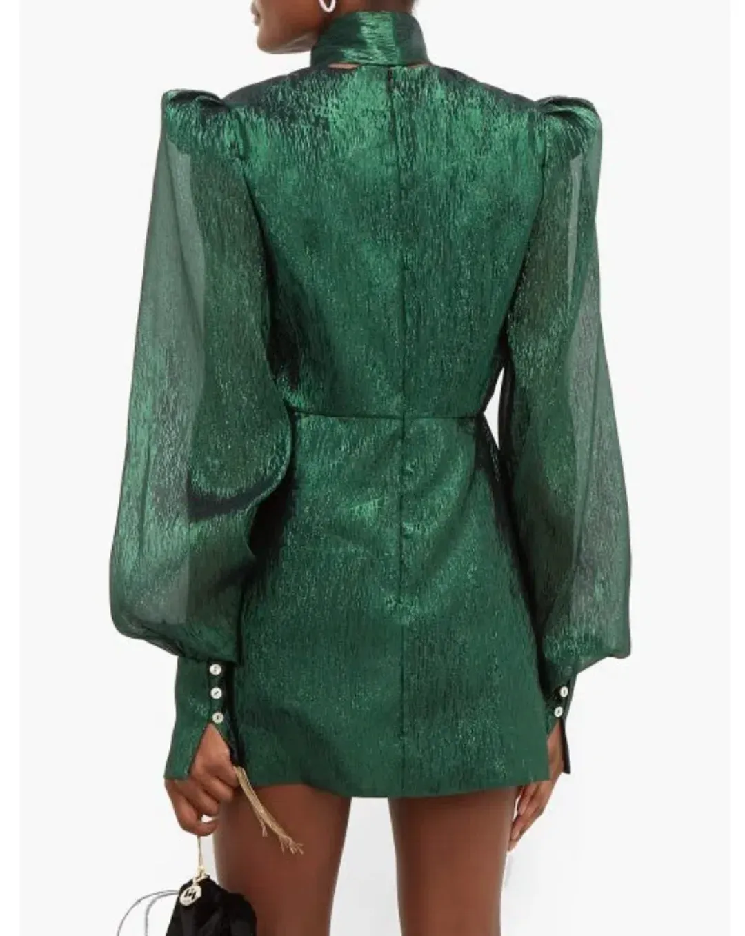 The Vampire's Wife The Pussybow Plissé Silk-Blend Lamé Mini Dress Dark Green Lame Size 10  for rent on The Volte - main image