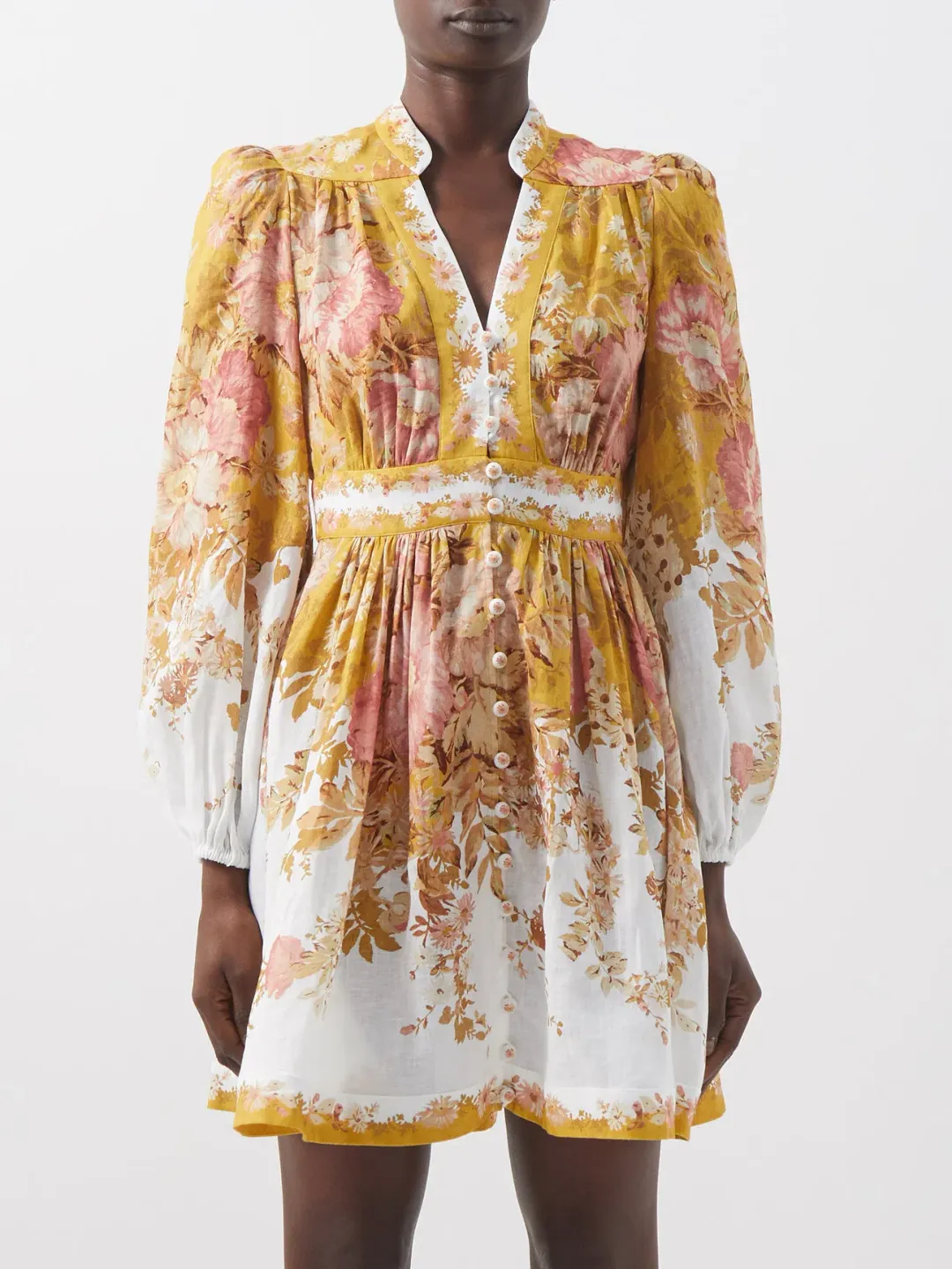 Zimmermann Pattie Plunge Mini Dress Mustard Floral Sz 3/14 for rent on The Volte - main image