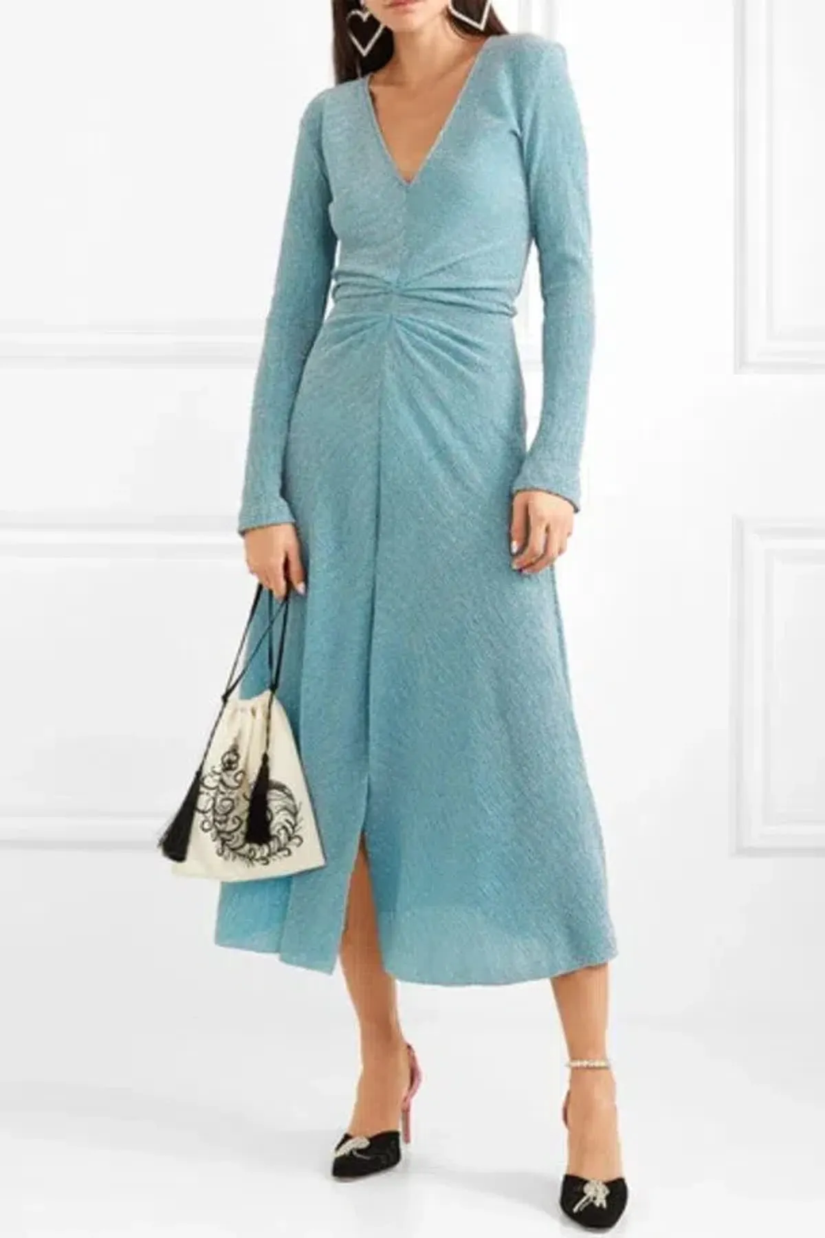 Rotate by Birger Christensen Gathered Metallic Stretch-Knit Dress Blue Size 8 - Image 1