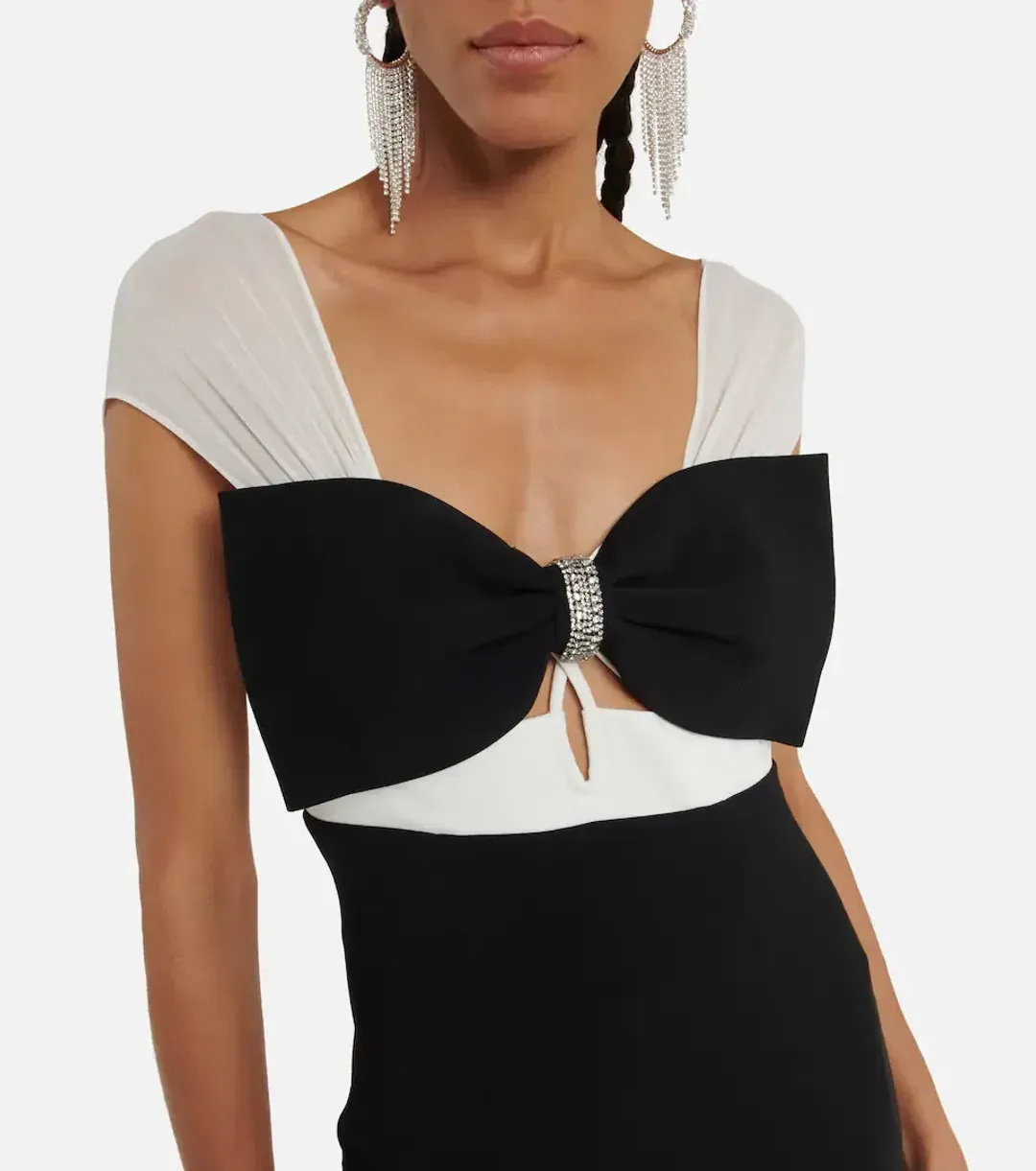 Self Portrait Crepe Crystal Bow Midi Dress Black/White Size 6 for rent on The Volte - main image