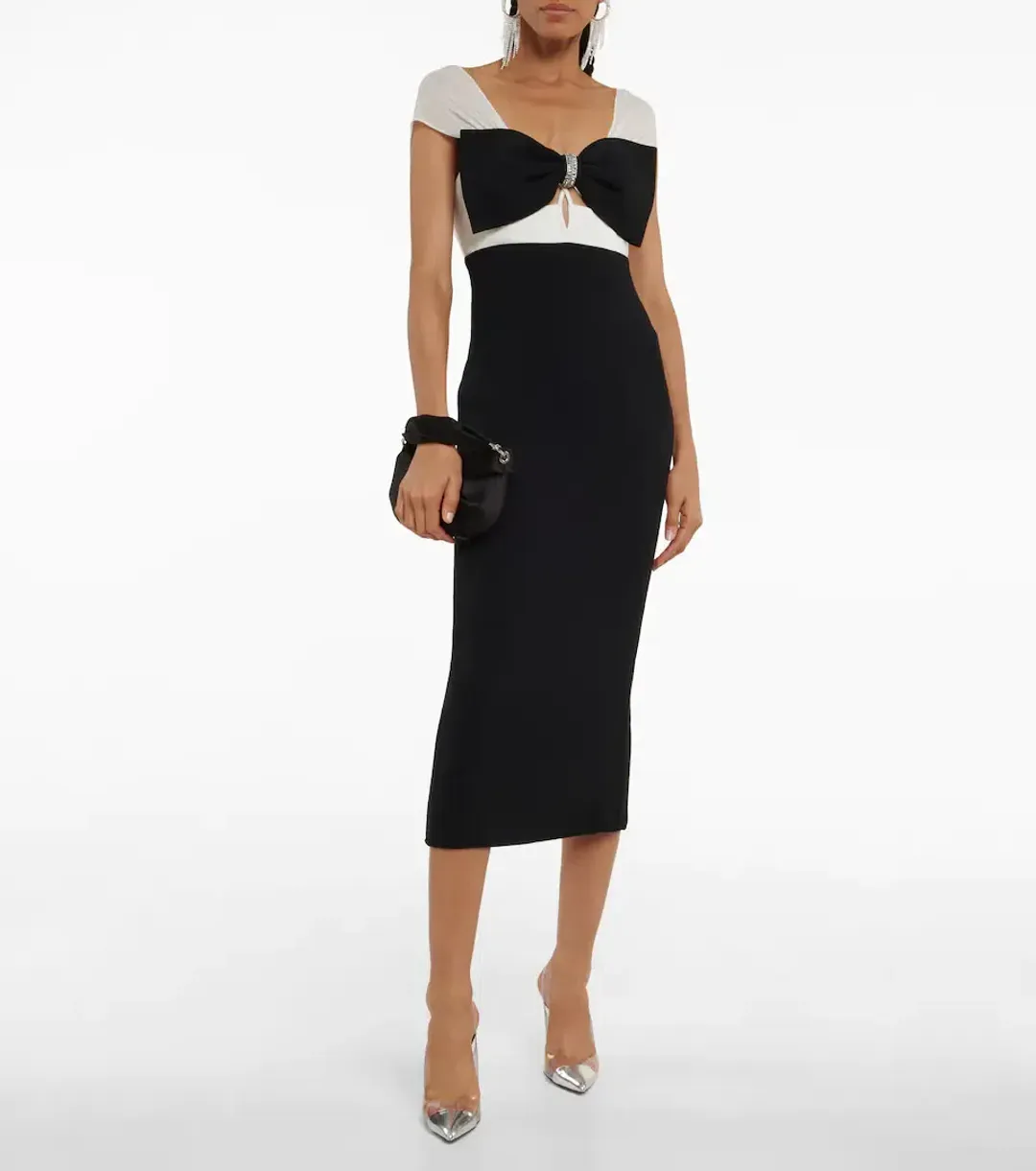 Self Portrait Crepe Crystal Bow Midi Dress Black/White Size 6 for rent on The Volte - main image