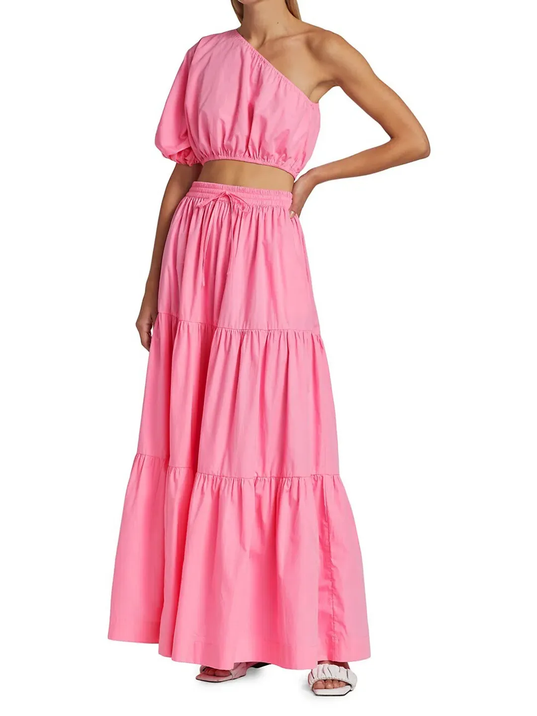 SWF One Shoulder Puff Sleeve Crop and Drawstring A-Line Tiered Maxi Skirt Set in Floss Pink Size 10 for rent on The Volte - main image
