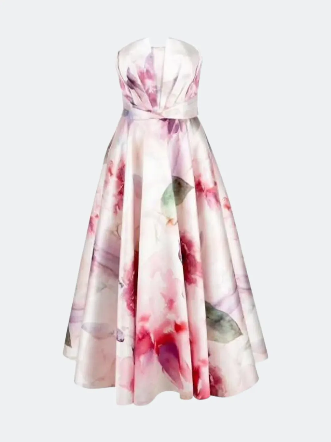 Marchesa Notte Strapless Draped Printed Mikado Pique Tea Length Dress Blush Size 12 for rent on The Volte - main image