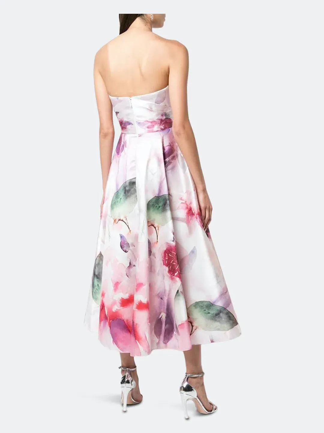 Marchesa Notte Strapless Draped Printed Mikado Pique Tea Length Dress Blush Size 12 for rent on The Volte - main image