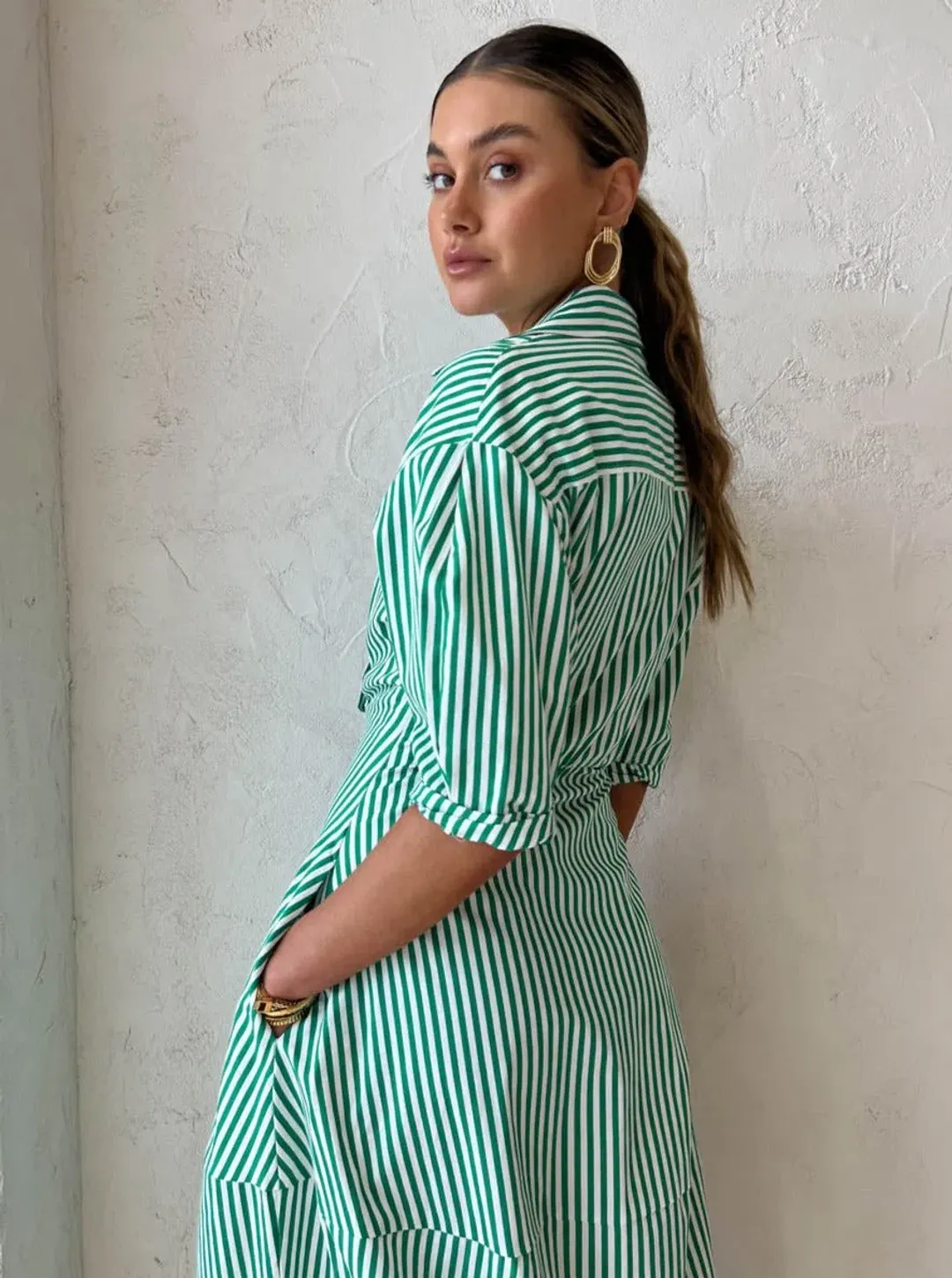Camilla and Marc Flynn Cocoon Dress Sage and White Stripe Print Size 14 for rent on The Volte - main image