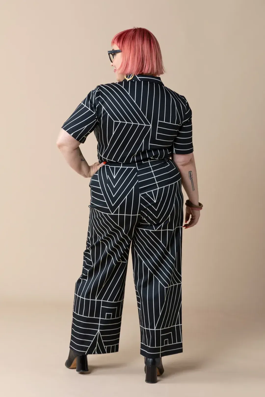 Frock Me Out Monochrome Freestyler Jumpsuit Lines Print Size 16 for rent on The Volte - main image