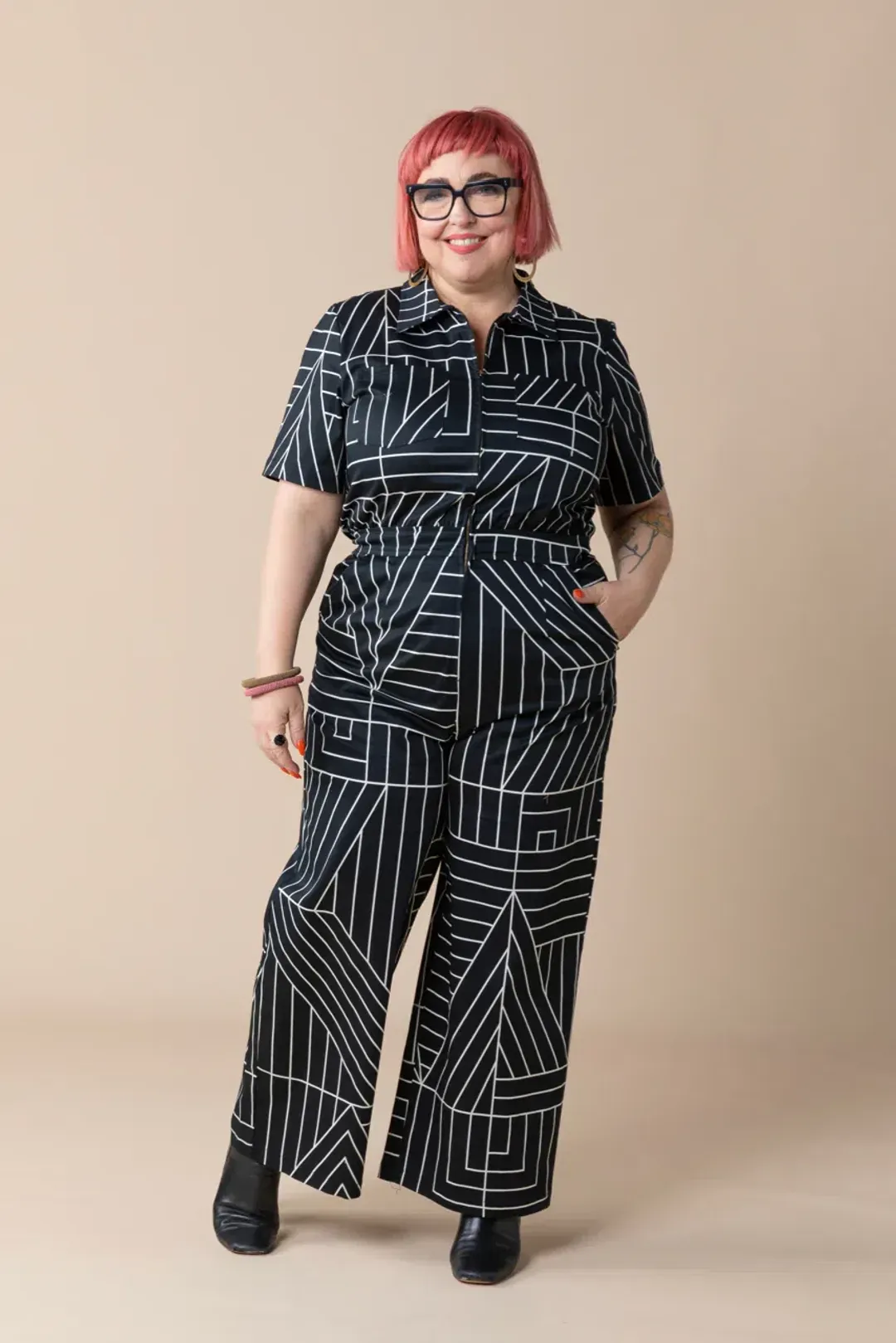 Frock Me Out Monochrome Freestyler Jumpsuit Lines Print Size 16 for rent on The Volte - main image