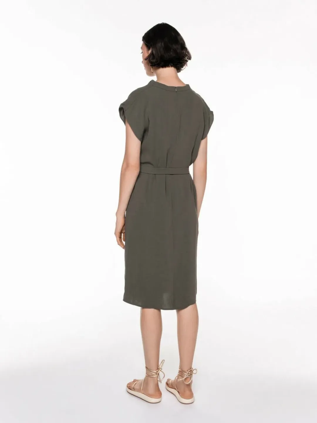 Veronika Maine Drapey Weave Drape Neck Midi Dress Khaki Size 14 for rent on The Volte - main image