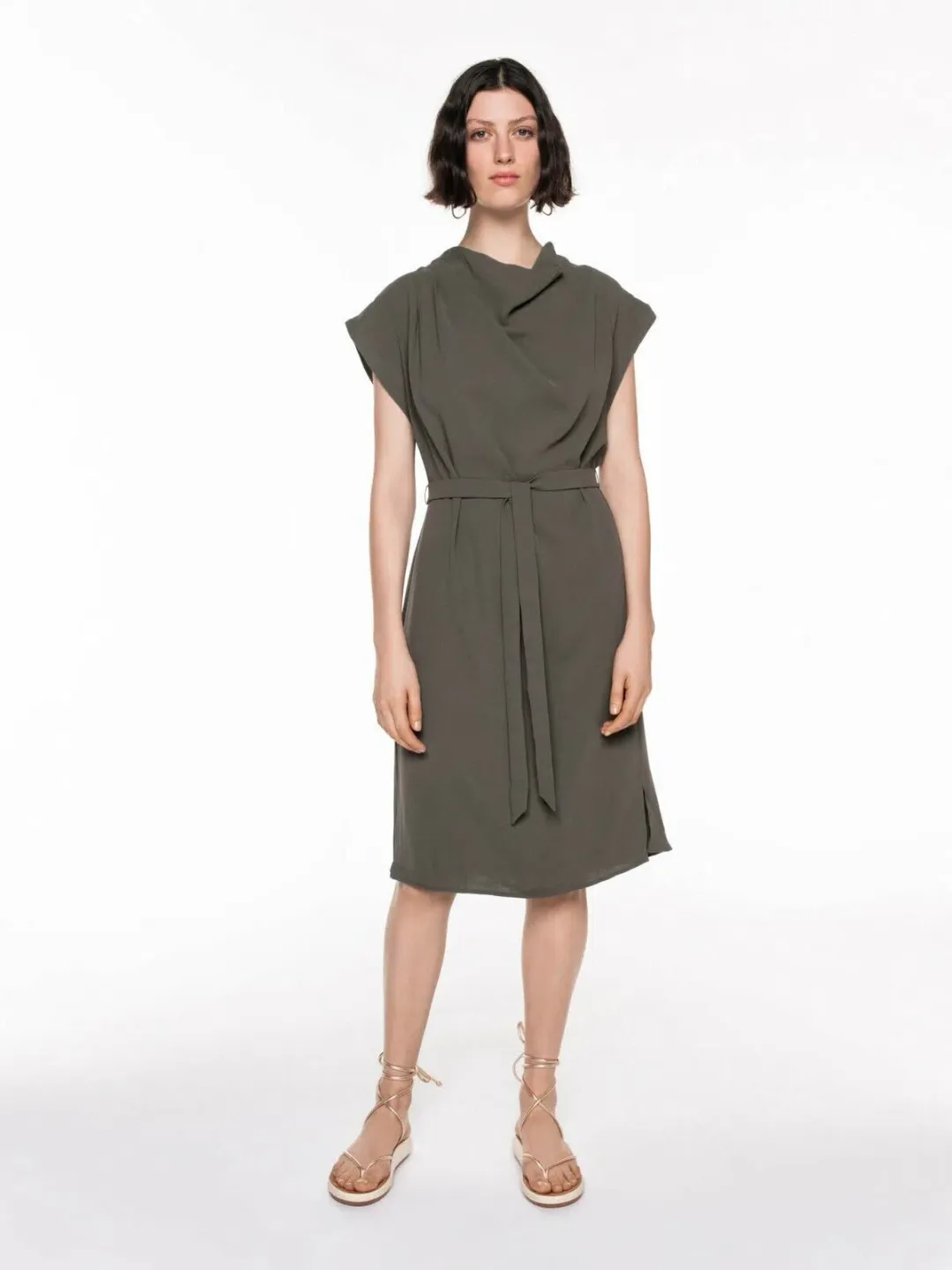 Veronika Maine Drapey Weave Drape Neck Midi Dress Khaki Size 14 for rent on The Volte - main image