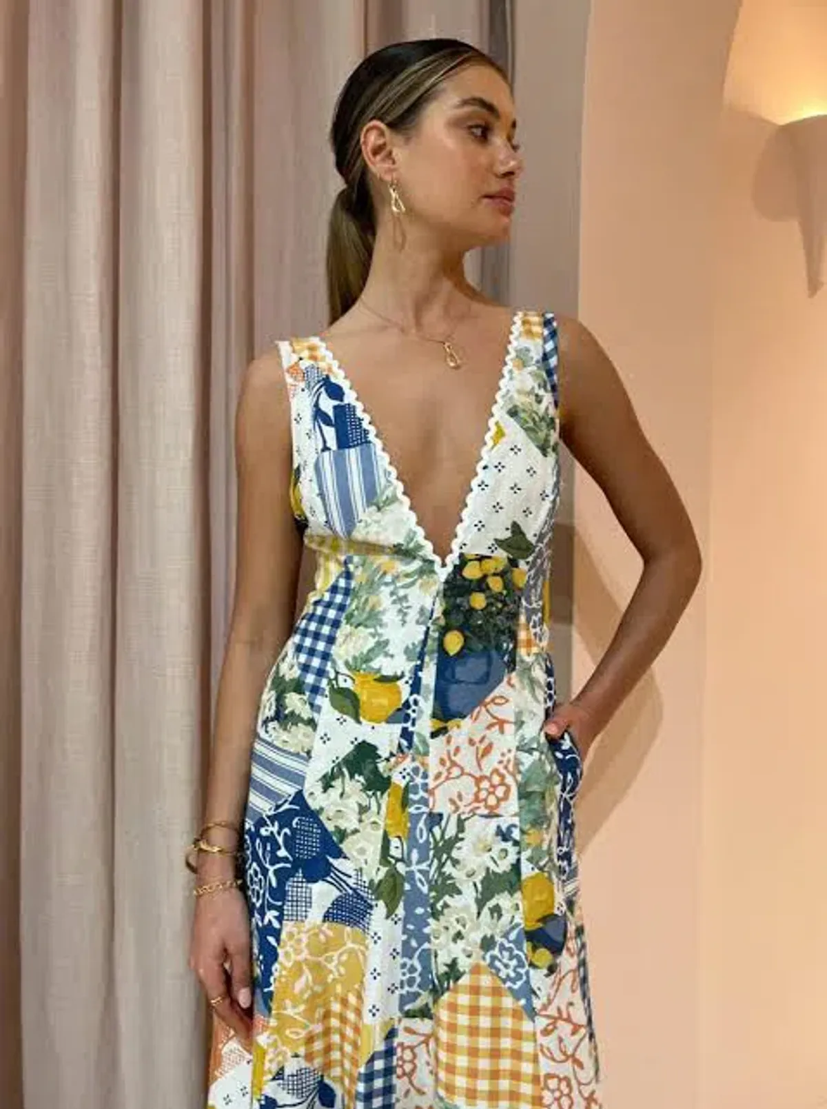 By Nicola Wavy Maxi Dress in Lemon Patchwork Size 6  - Image 3