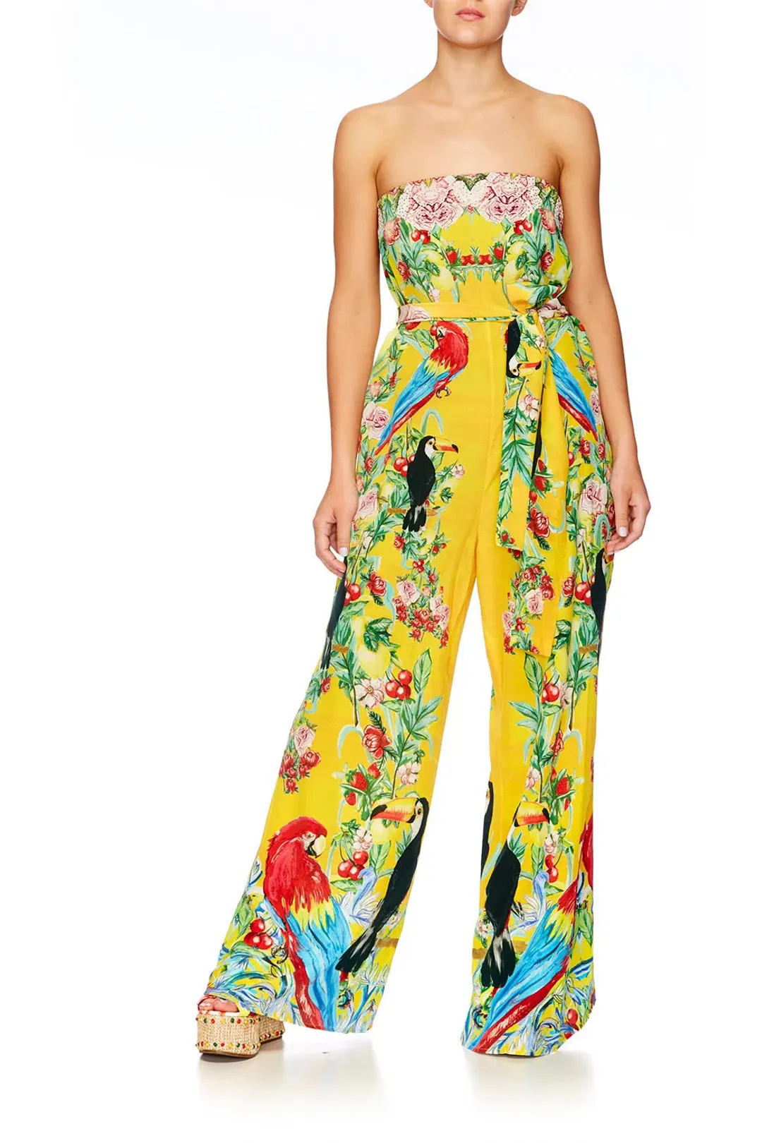 Camilla Tie Waist Strapless Jumpsuit Love Bird Print One Size for rent on The Volte - main image