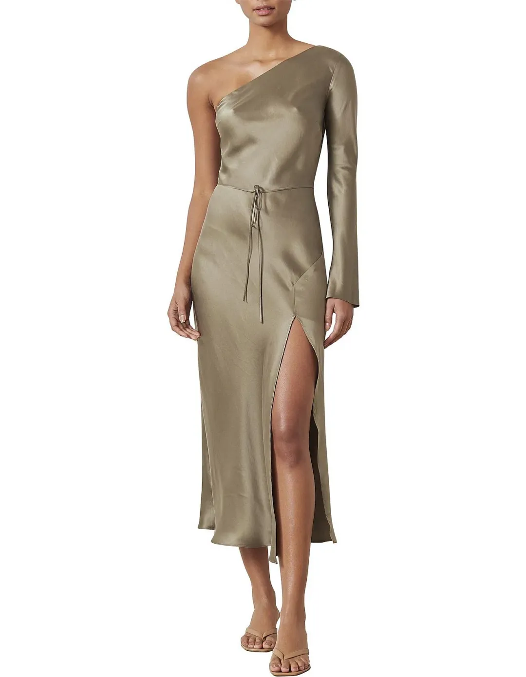 Bec & Bridge Classic Silk Asym Midi Dress Khaki Size 8 for rent on The Volte - main image