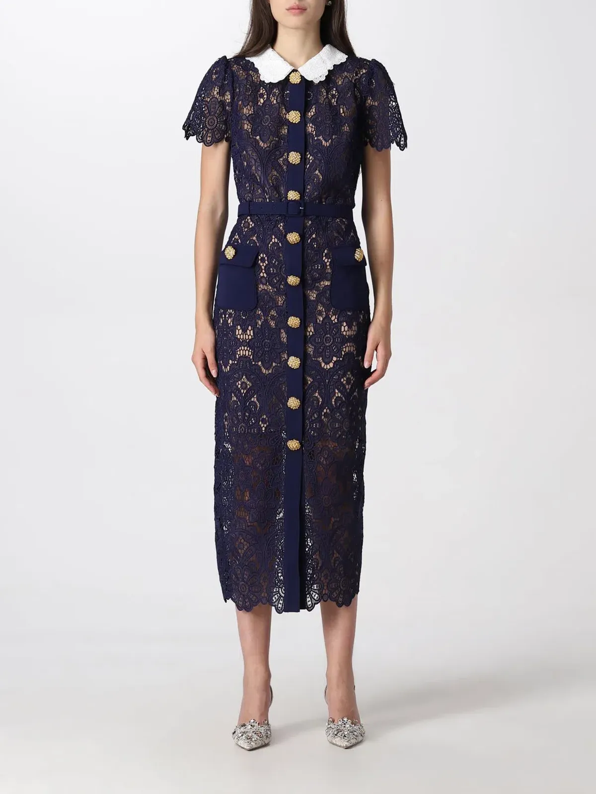 Self Portrait Navy Floral Guipure Midi Dress Navy Size 12 - Image 1