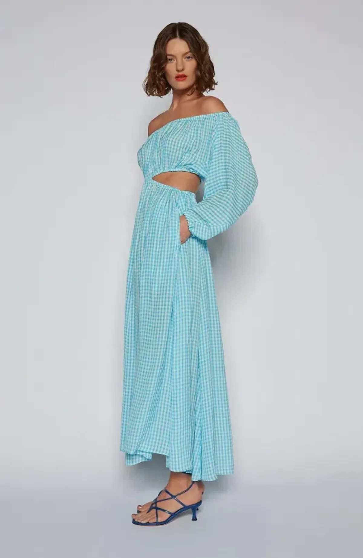 Scanlan Theodore Gingham Cut Out Dress in Blue Size 6 - Image 4