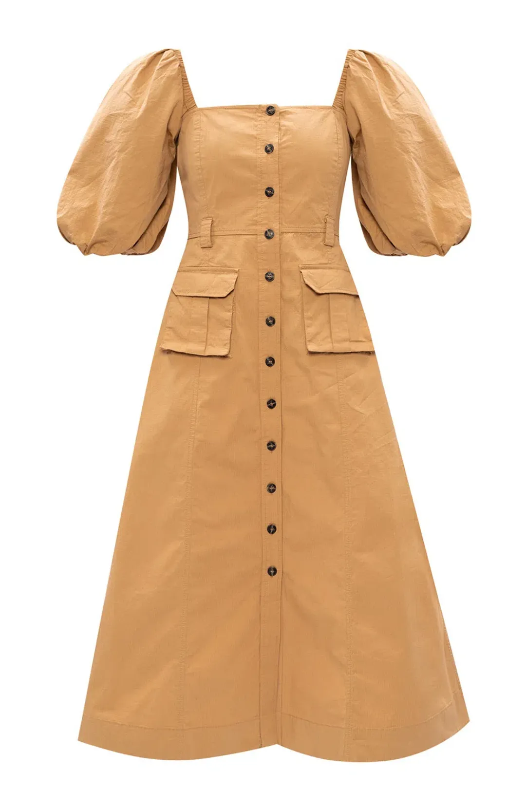 Ganni Square Neck Puff Sleeve Dress Tammin Beige Size 42/Au 10 for rent on The Volte - main image