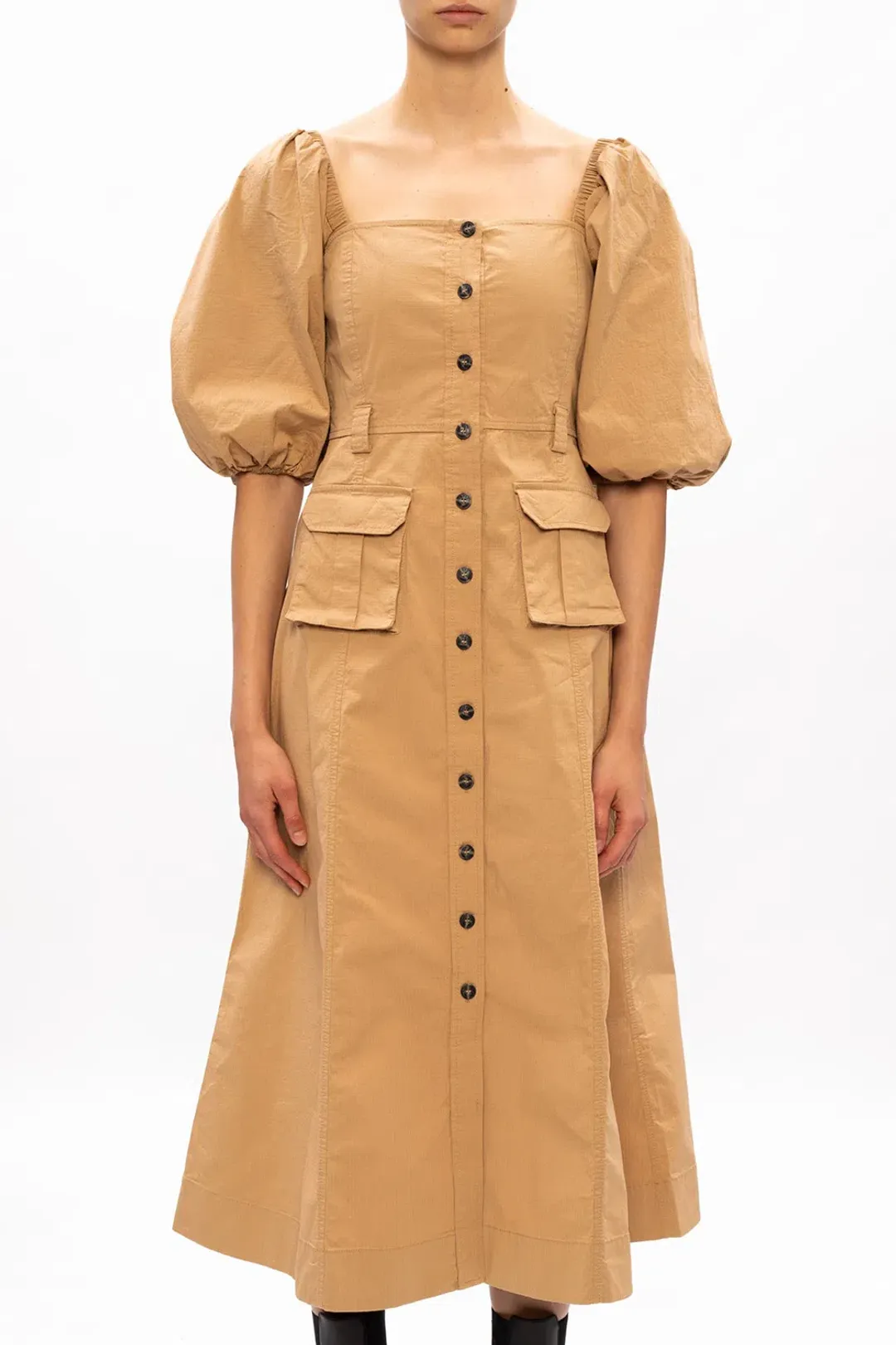 Ganni Square Neck Puff Sleeve Dress Tammin Beige Size 42/Au 10 for rent on The Volte - main image