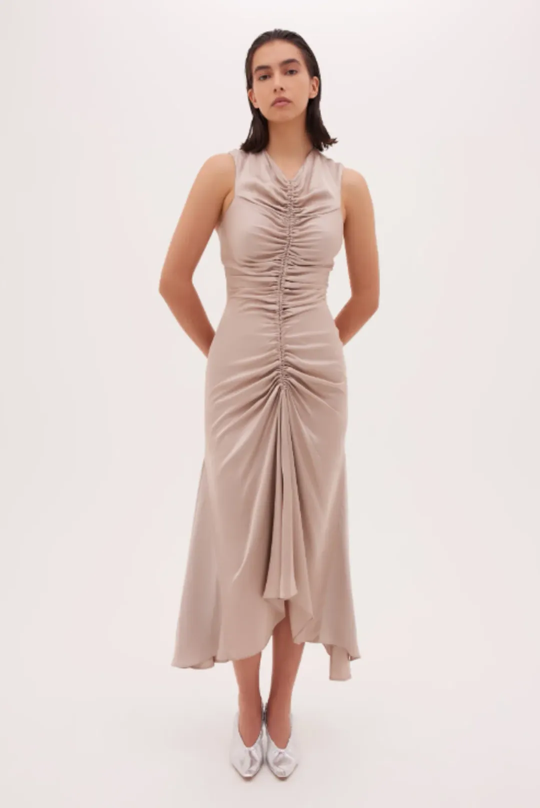 Bianca Spender Sand Satin Meret Dress Nude Size 2/ Au 10 for rent on The Volte - main image
