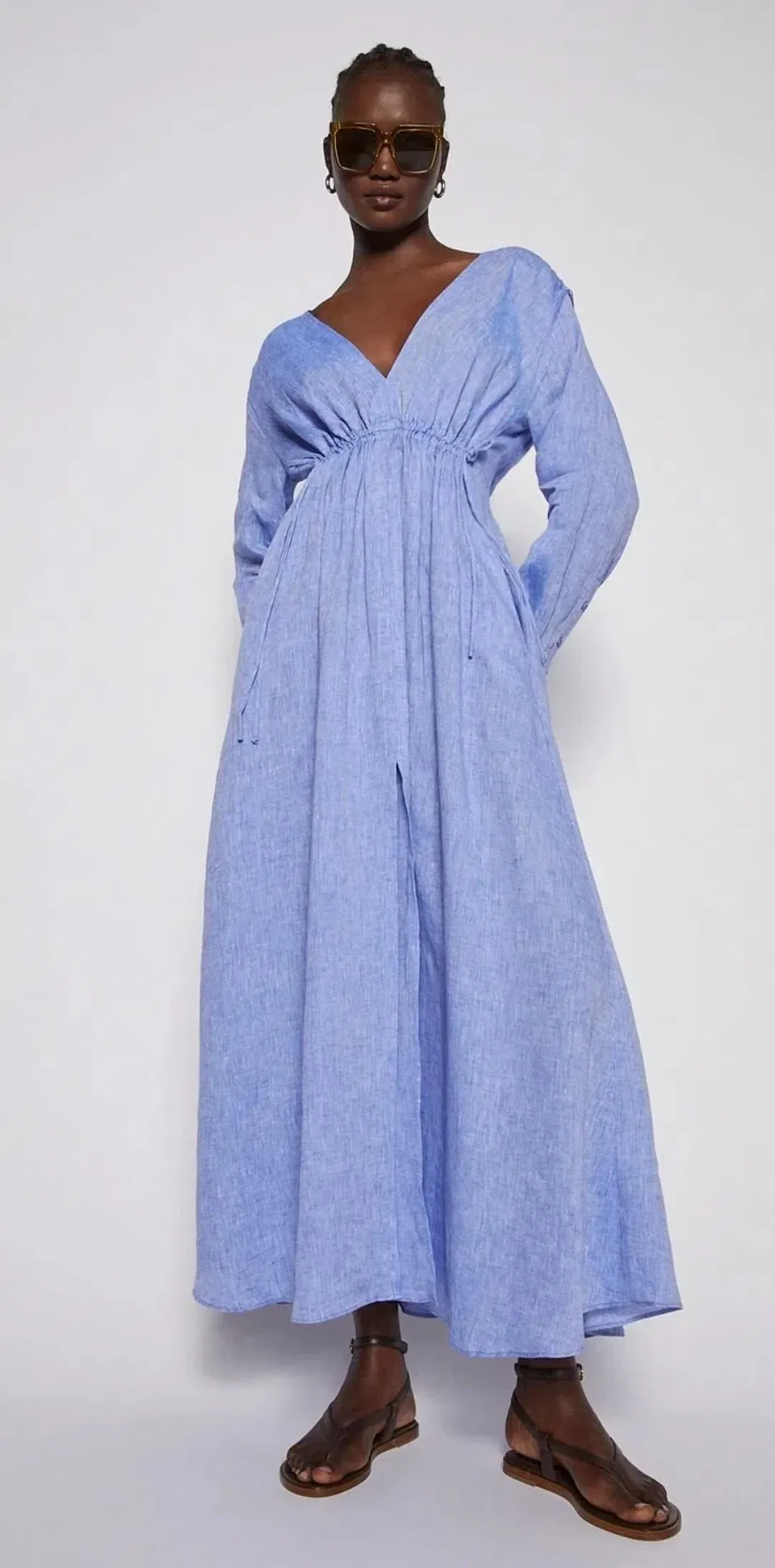 Scanlan Theodore Italian Linen V Neck Dress Blue Size 6 for rent on The Volte - main image