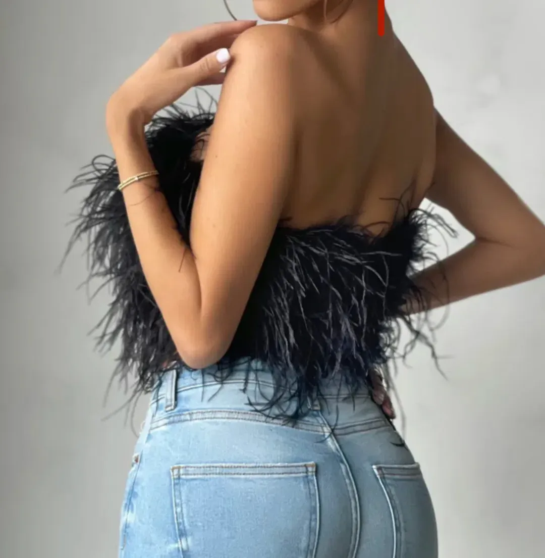 Bardot Ostrich Feather Bandeau Top Black Size 6 for rent on The Volte - main image