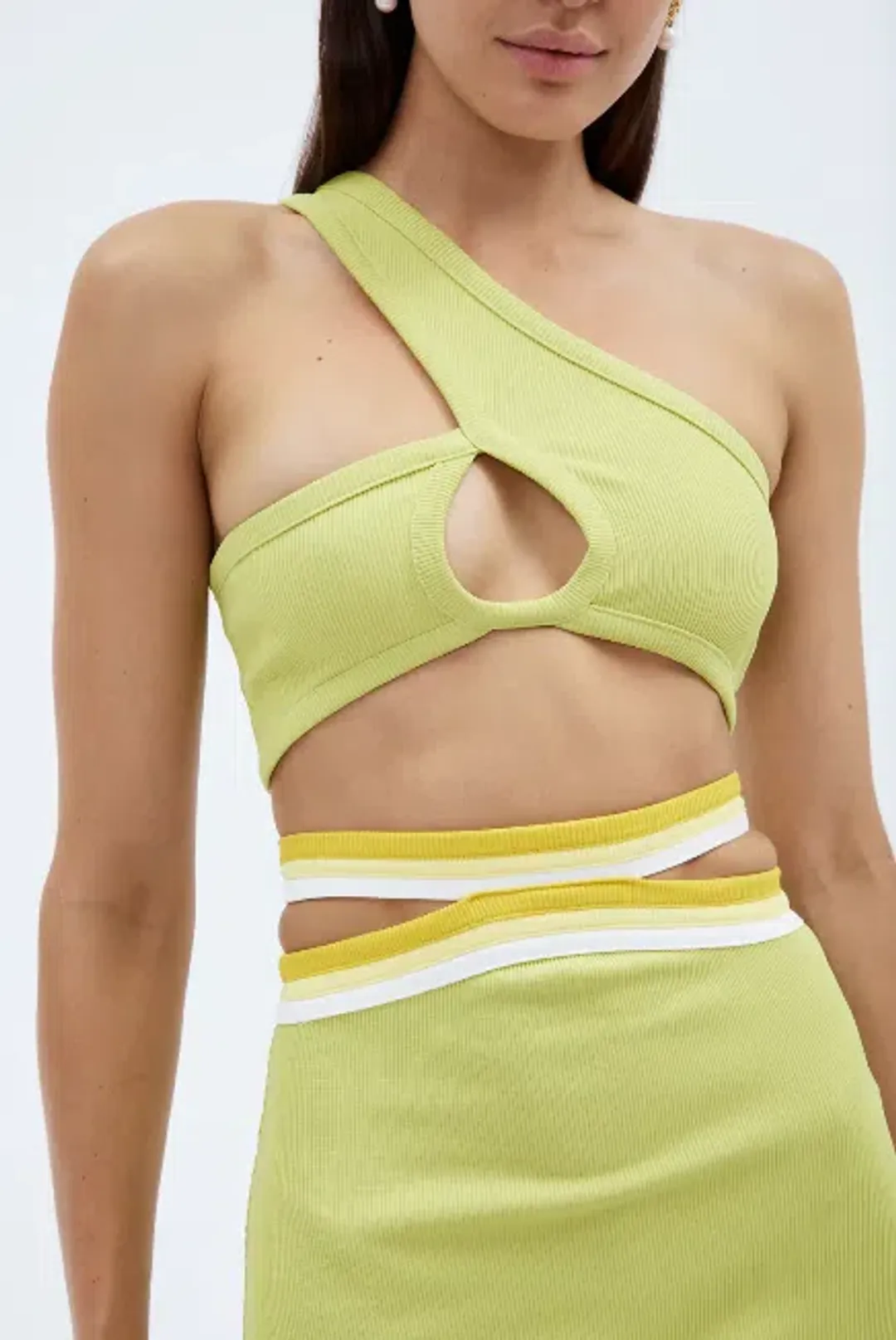 Christopher Esber Looped One Shoulder Rib Crop and Multi Bind Curve Skirt Set in Lime Size 10 for rent on The Volte - main image