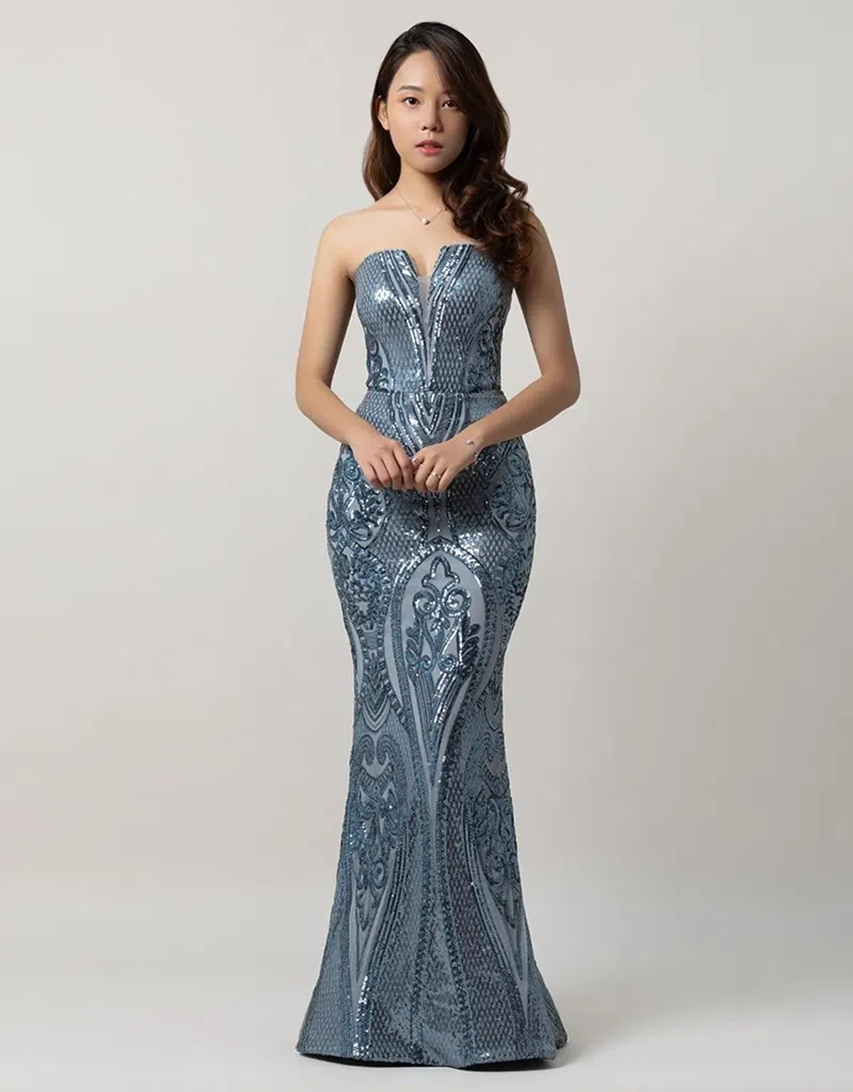 Bariano Maia Strapless Pattern Sequin Gown In Antique Blue Size 10 - Image 3