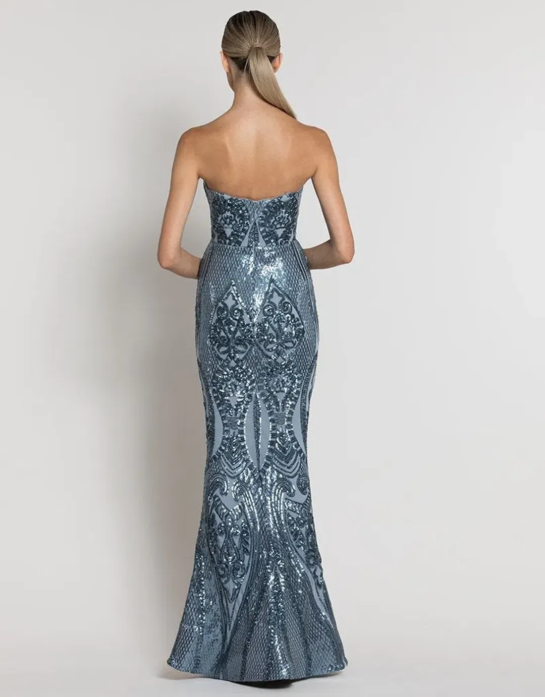 Bariano Maia Strapless Pattern Sequin Gown In Antique Blue Size 10 for rent on The Volte - main image