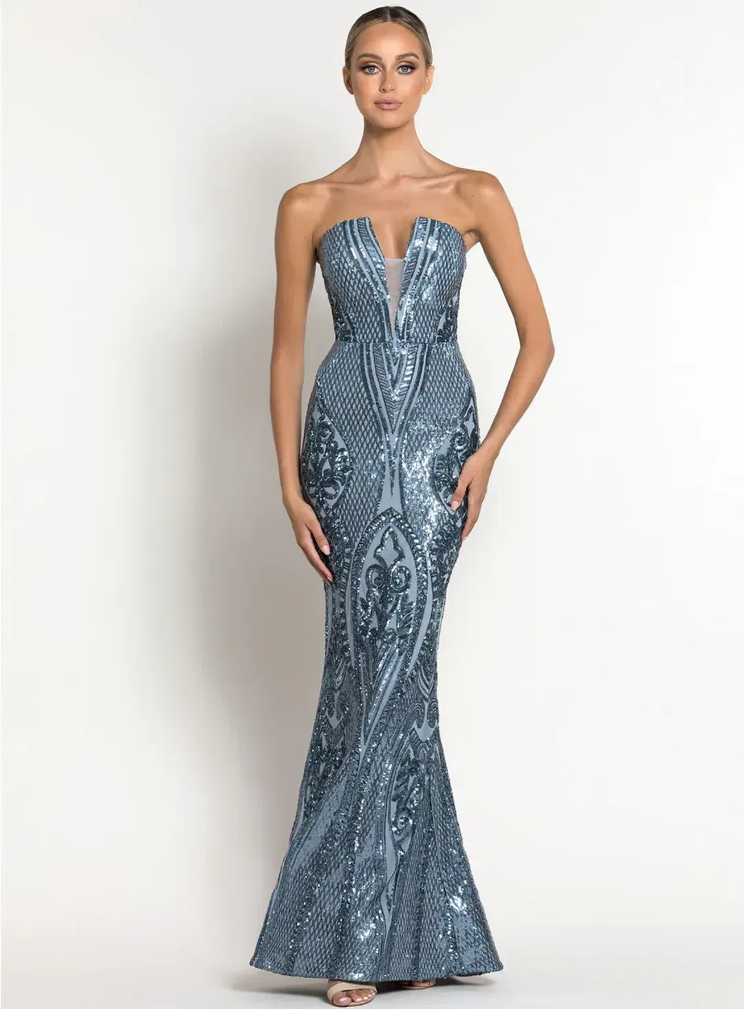 Bariano Maia Strapless Pattern Sequin Gown In Antique Blue Size 10 for rent on The Volte - main image