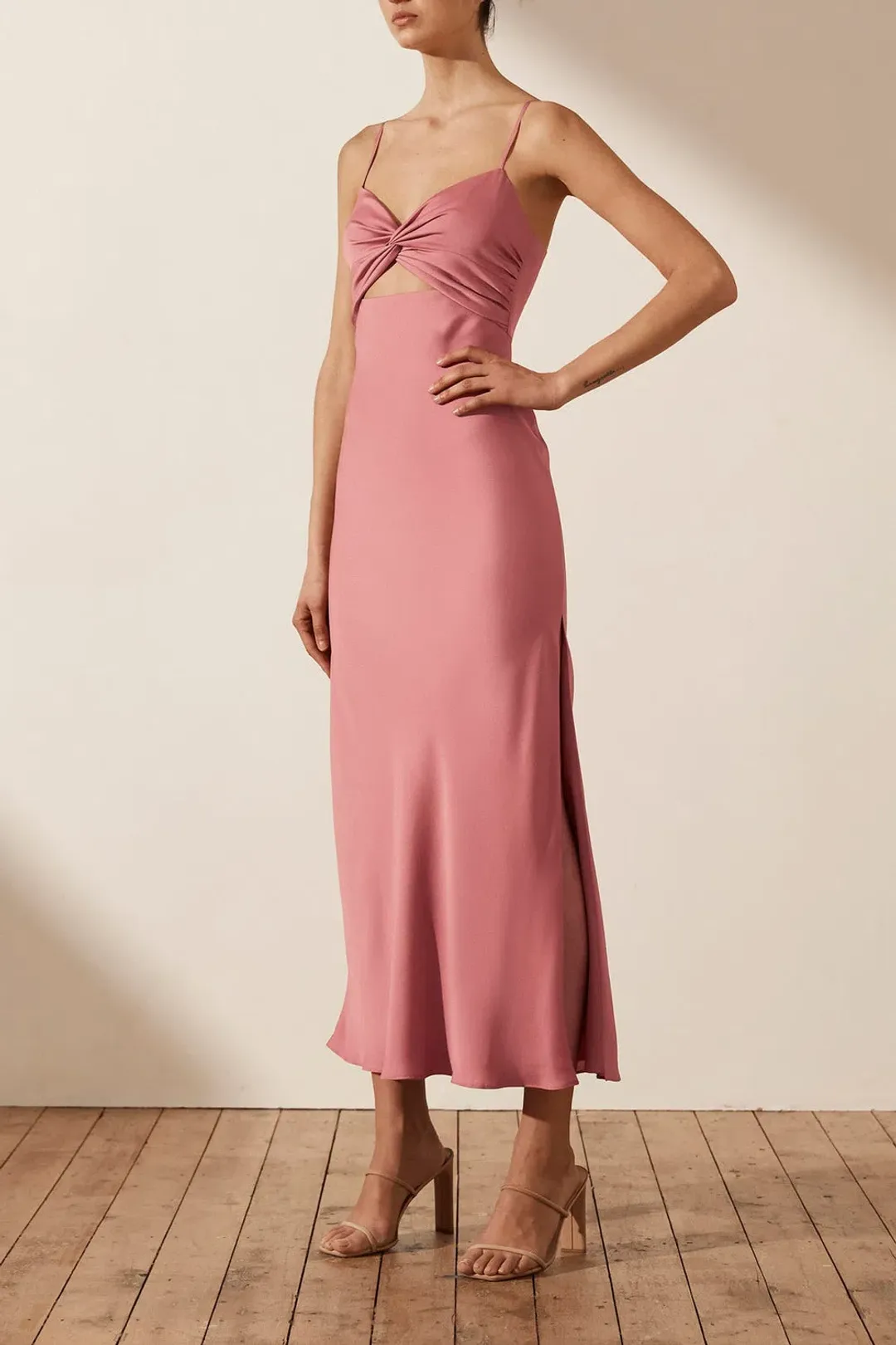 Shona Joy Luxe Twist Front Sleeveless Midi Dress Pink Size 8 / S for rent on The Volte - main image