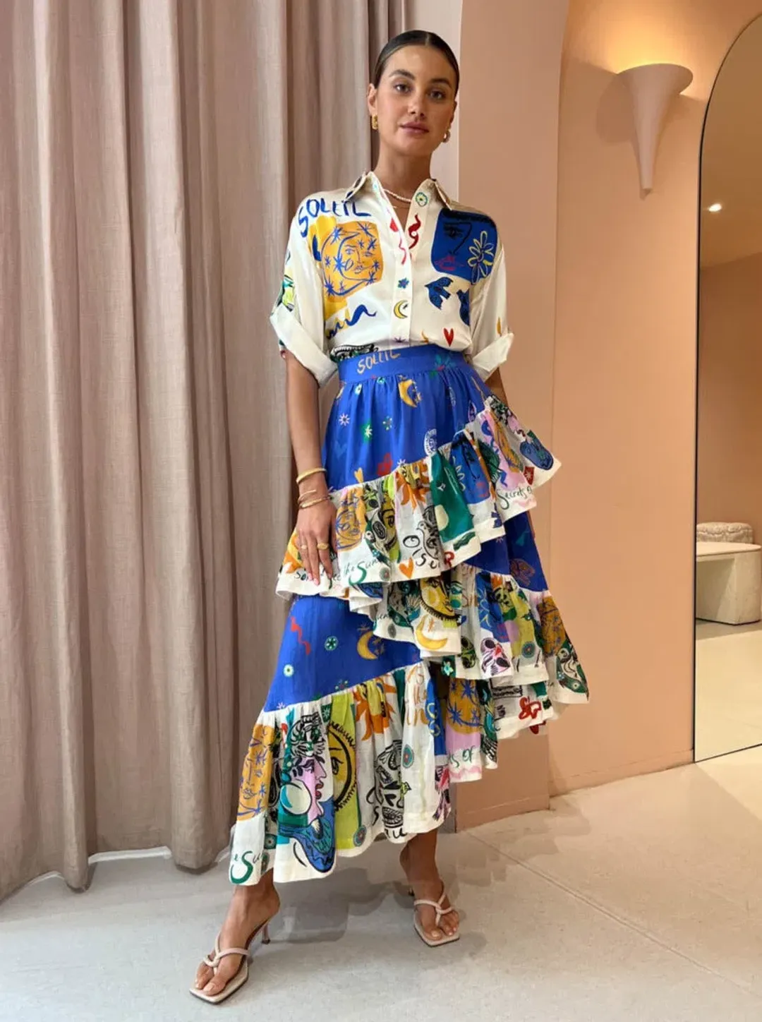 Alemais Soleil Oversized Silk Top Size 12 and Ruffle Skirt Set Multi Size 14  for rent on The Volte - main image