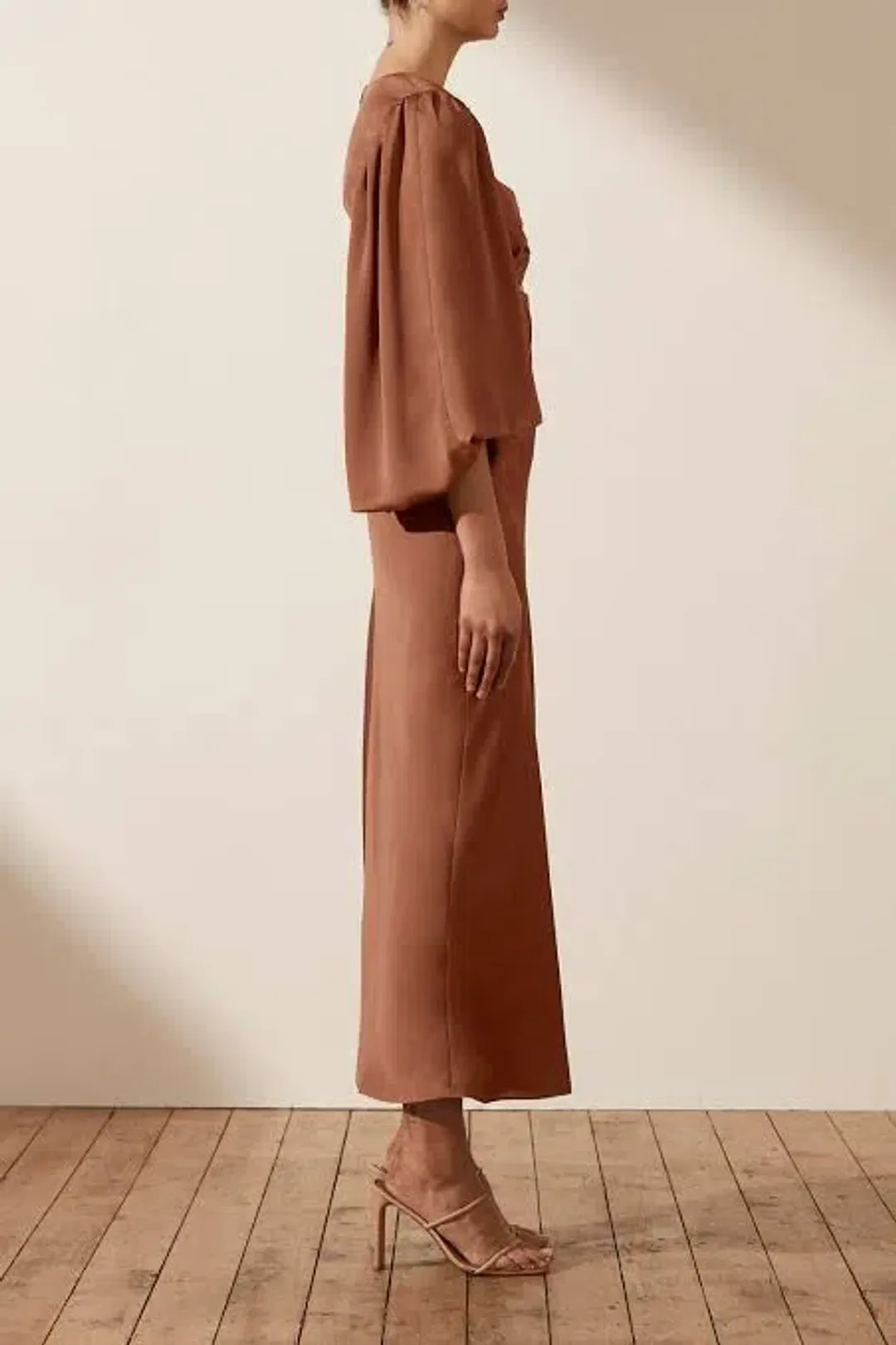Shona Joy Luxe Twist Front Balloon Sleeve Midi Dress Brown Size 6 / XS for rent on The Volte - main image