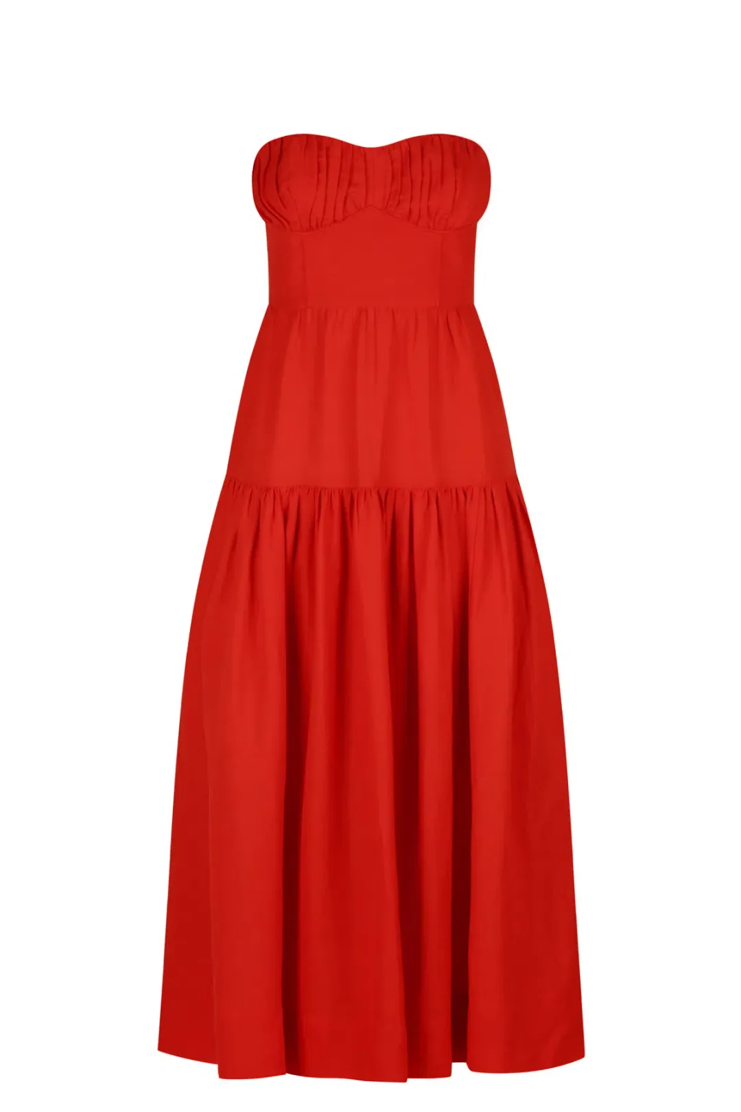 Shona Joy Jules Linen Strapless Ruched Midi Dress in Lipstick Red Size 8 / S for rent on The Volte - main image