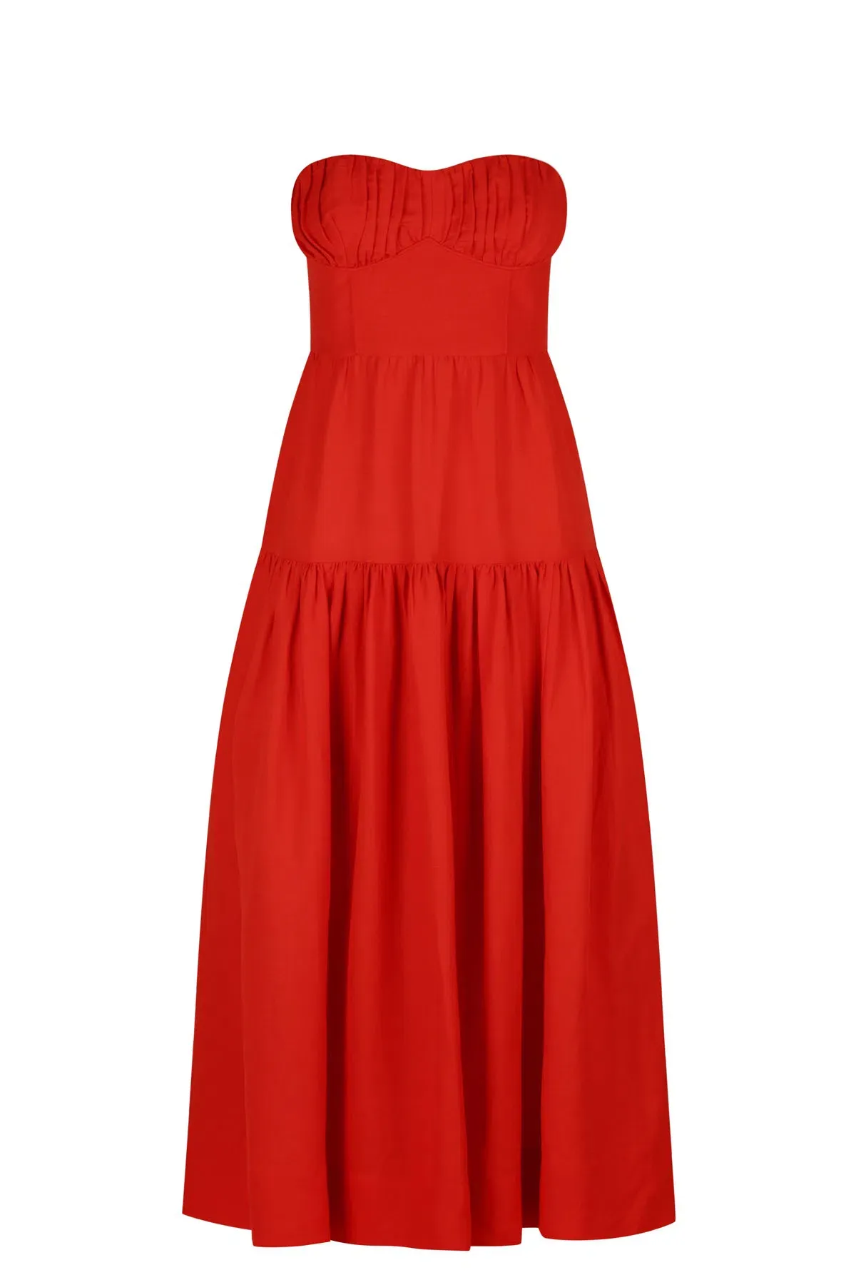 Shona Joy Jules Linen Strapless Ruched Midi Dress in Lipstick Red Size 8 / S - Image 3