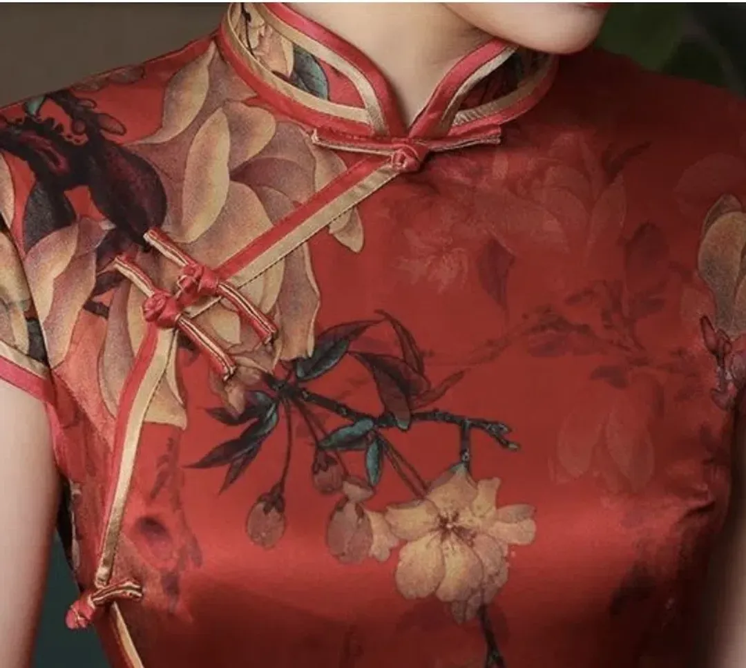 Beth & Brian Qipao 19 Mome Silk High End Long Qipao Mulberry Floral Size M / Au 8 for rent on The Volte - main image