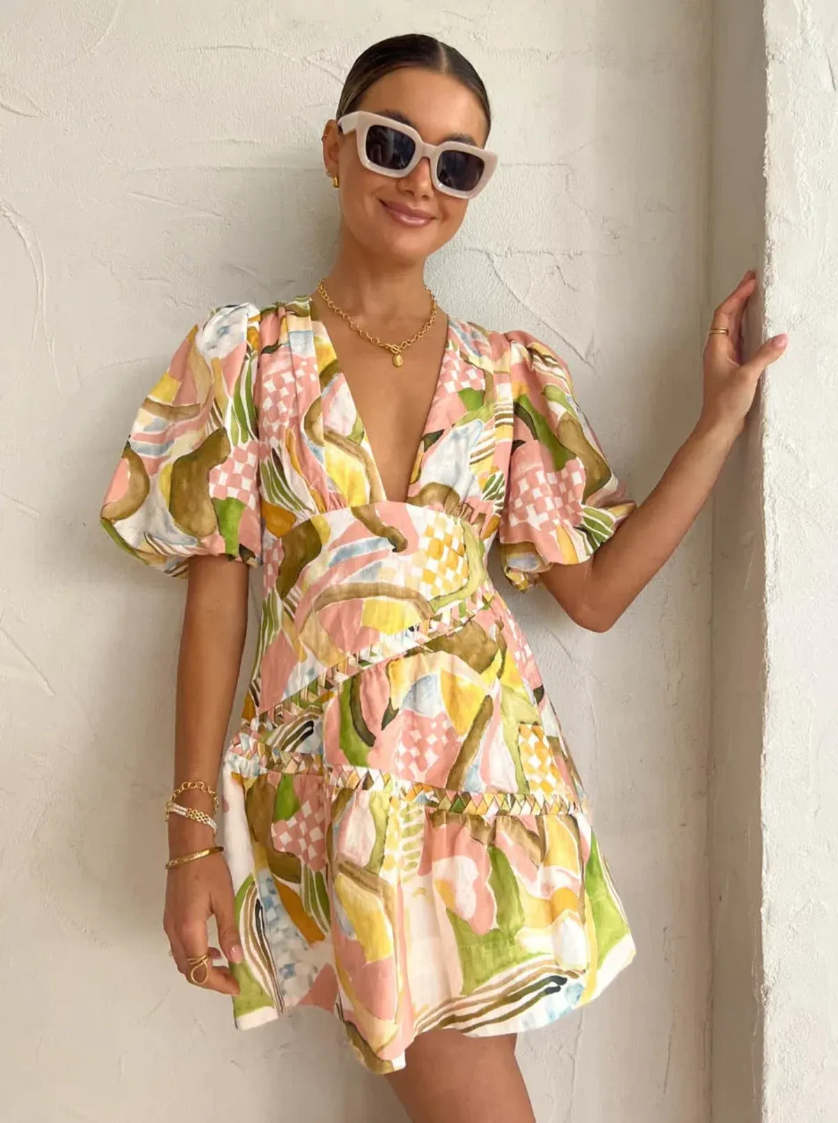 By Nicola  Sol Puff Sleeve Mini Dress In Swirl Check Size 8  - Image 1