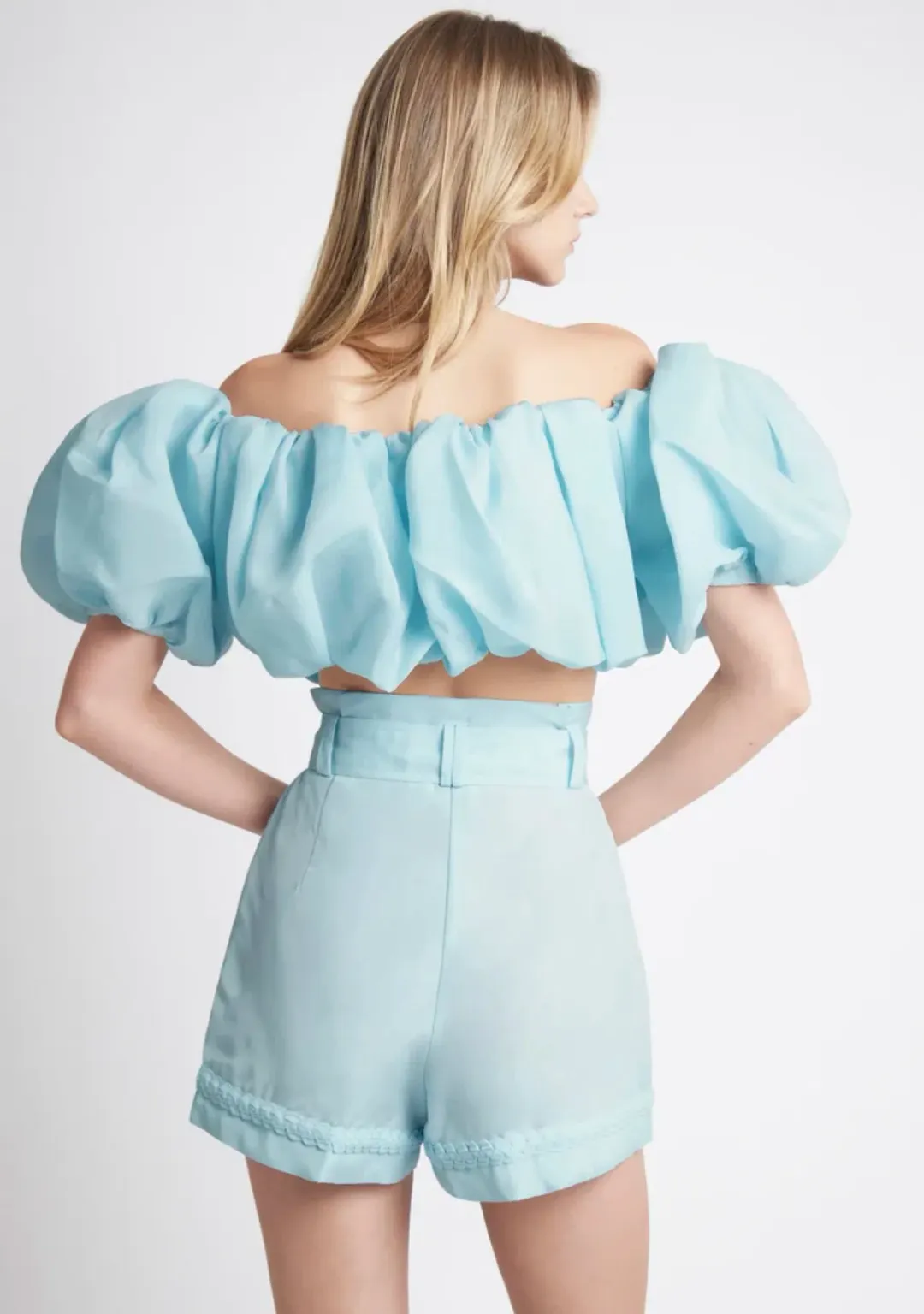 Aje Riviera Off Shoulder Tube Silk Top Size 6 and Braided Silk Short Size 10 Set Ice Blue for rent on The Volte - main image