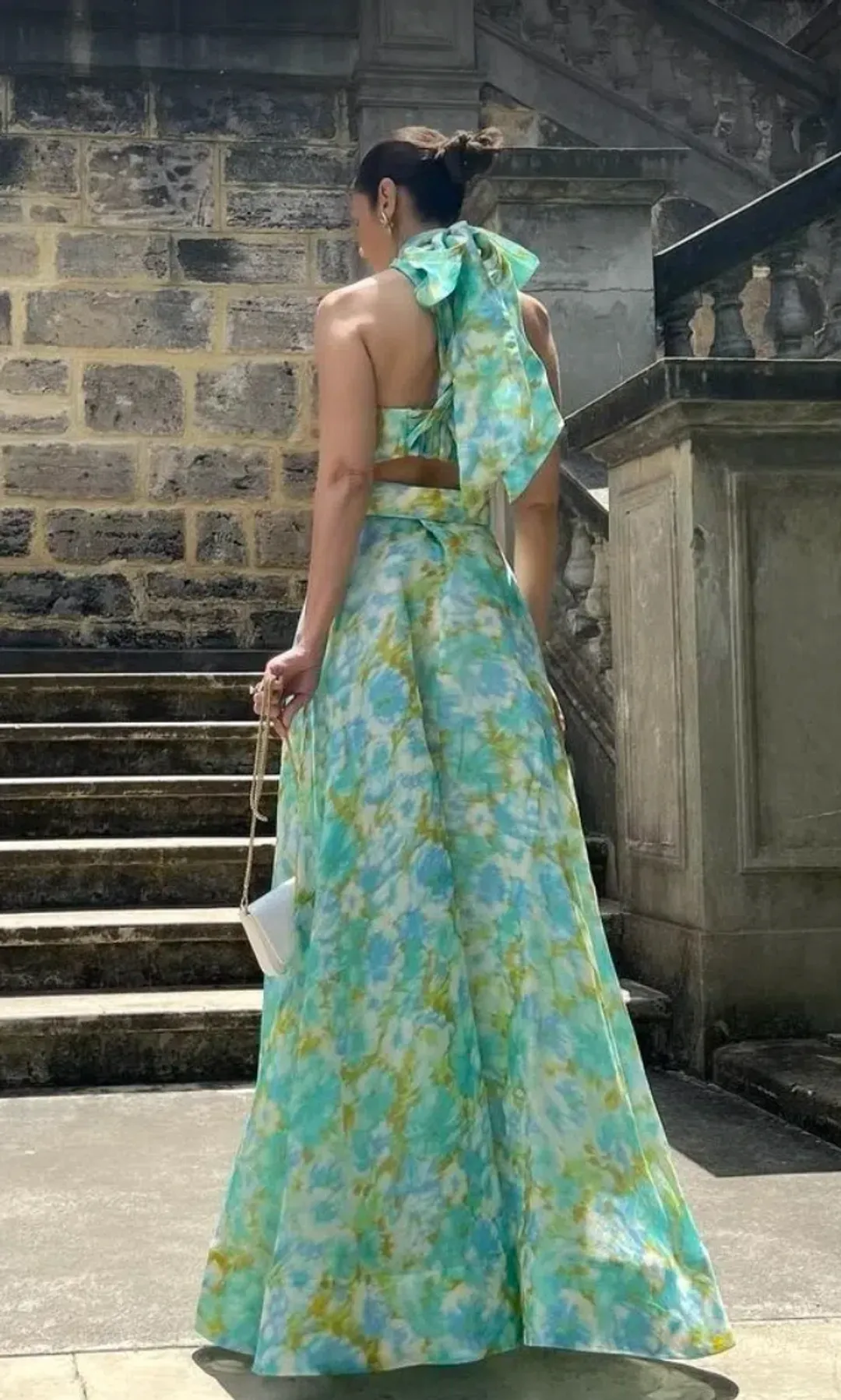 Zimmermann High Tide Twist Crop Bodice & Maxi Skirt Set Aqua Ikat Floral  Size 0P/ AU 6 for rent on The Volte - main image