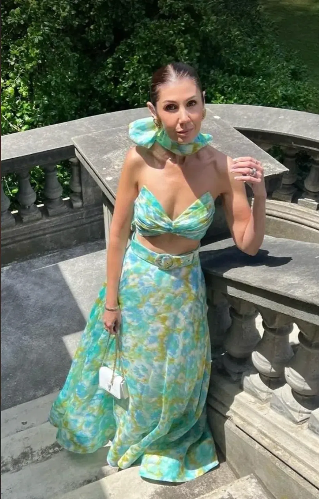 Zimmermann High Tide Twist Crop Bodice & Maxi Skirt Set Aqua Ikat Floral  Size 0P/ AU 6 for rent on The Volte - main image