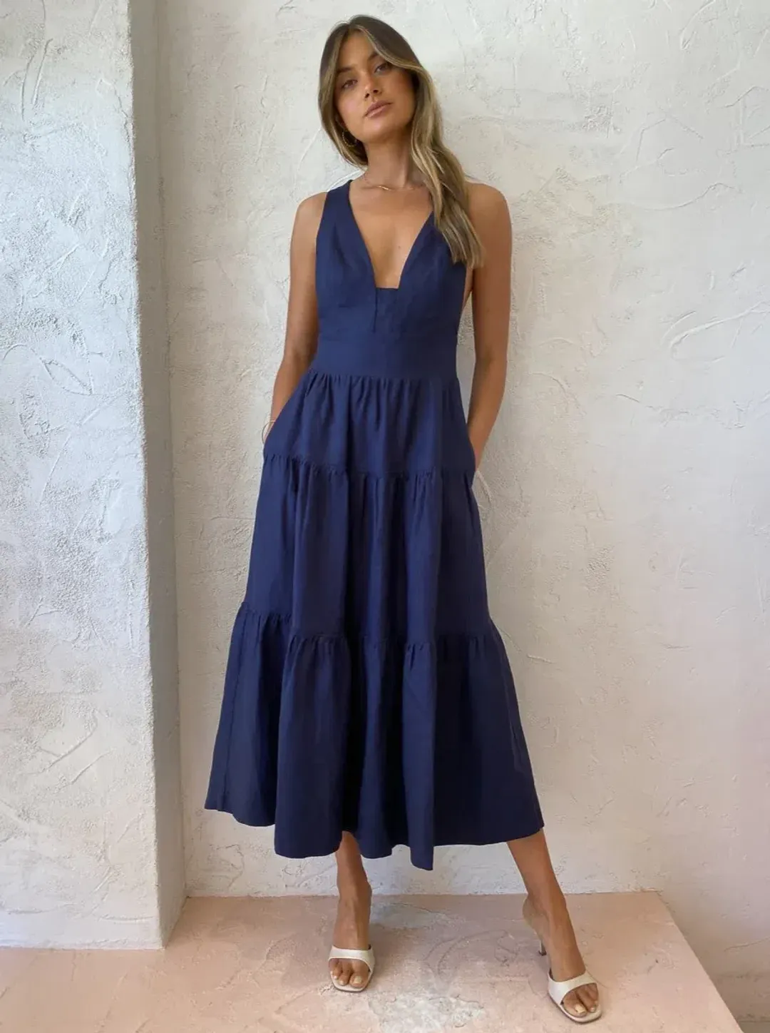 Shona Joy Ligia Linen Plunged Cross back Midi Dress Navy Size 8 for rent on The Volte - main image