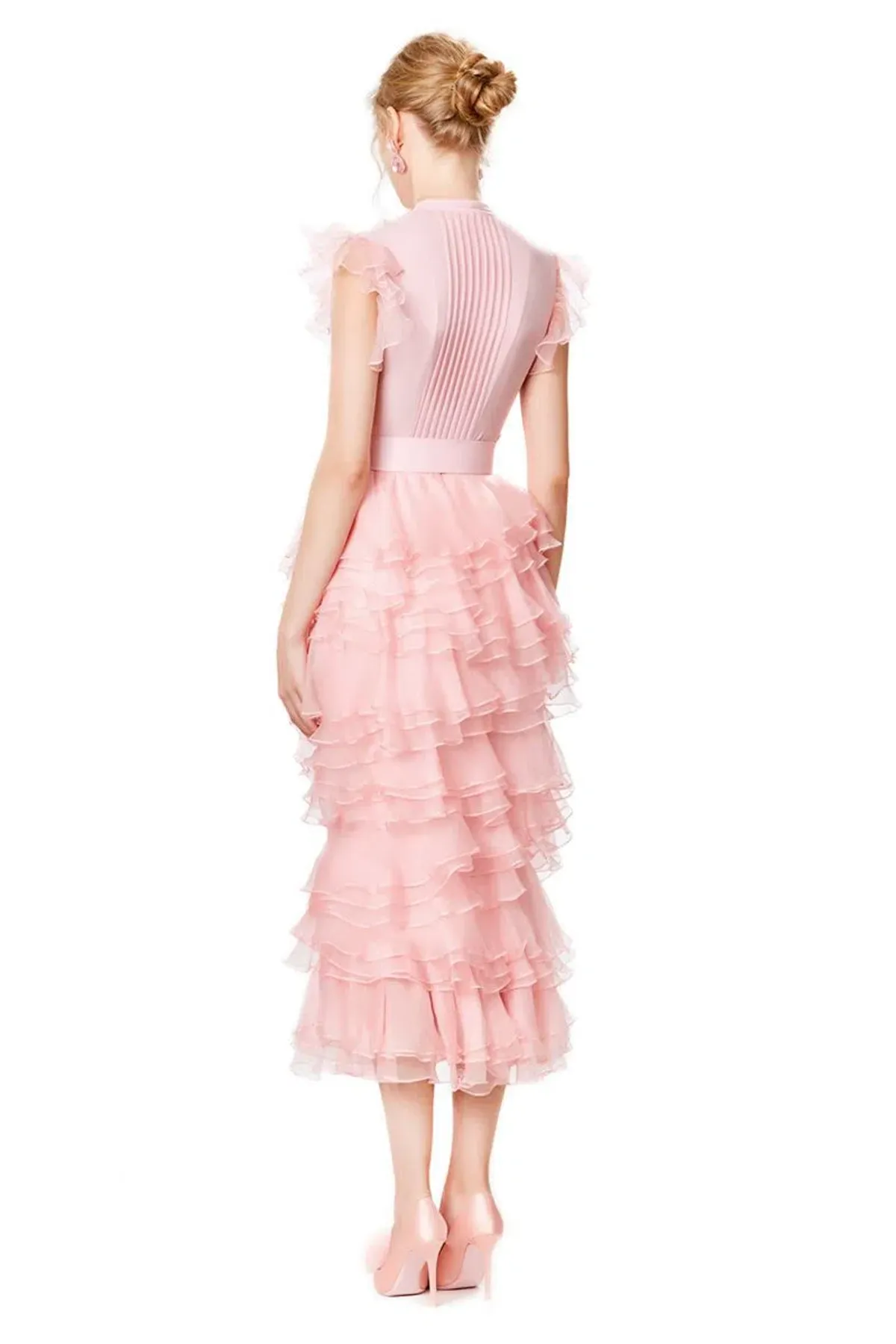 Ivan Young Silk Ruffles Tiered Midi Dress Pink Size 8 - Image 3