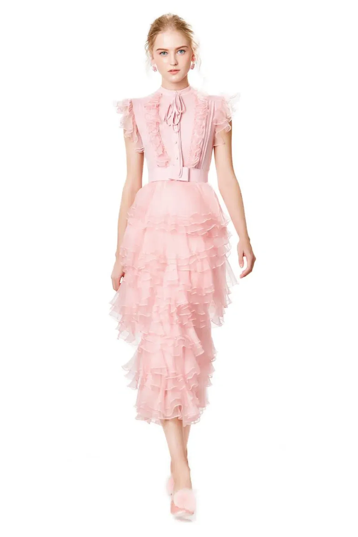 Ivan Young Silk Ruffles Tiered Midi Dress Pink Size 8 - Image 4