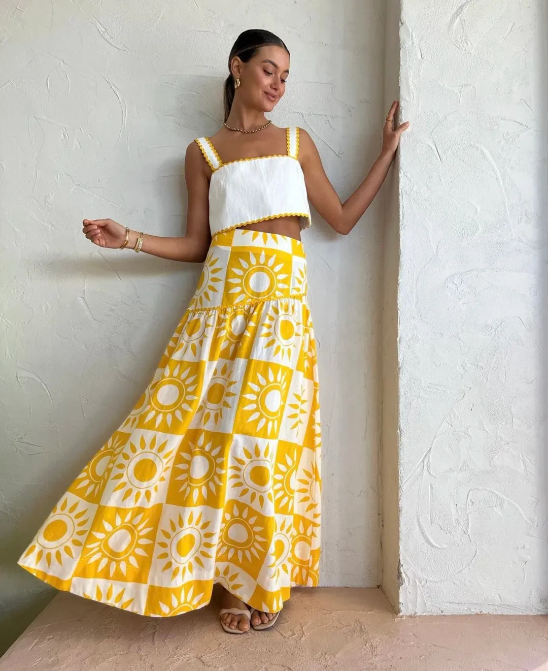 By Nicola Wavy Crop Top and Sol Maxi Skirt Set in Sol Size 8 for rent on The Volte - main image